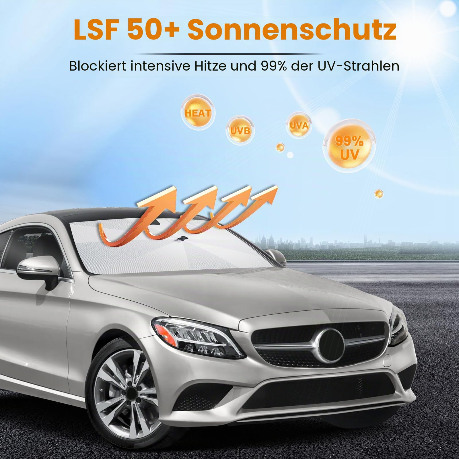 [2026 Upgrade] BSTW Kompatibel mit Mercedes C-Classe W205 2016-2021 und W206 2022-2026 Sonnenschutz für Frontscheibe, Automatisch Faltbar Pull-Cord-Sonnenschirm Fiberglas-Skelett UV-Schutz Hitzeschutz