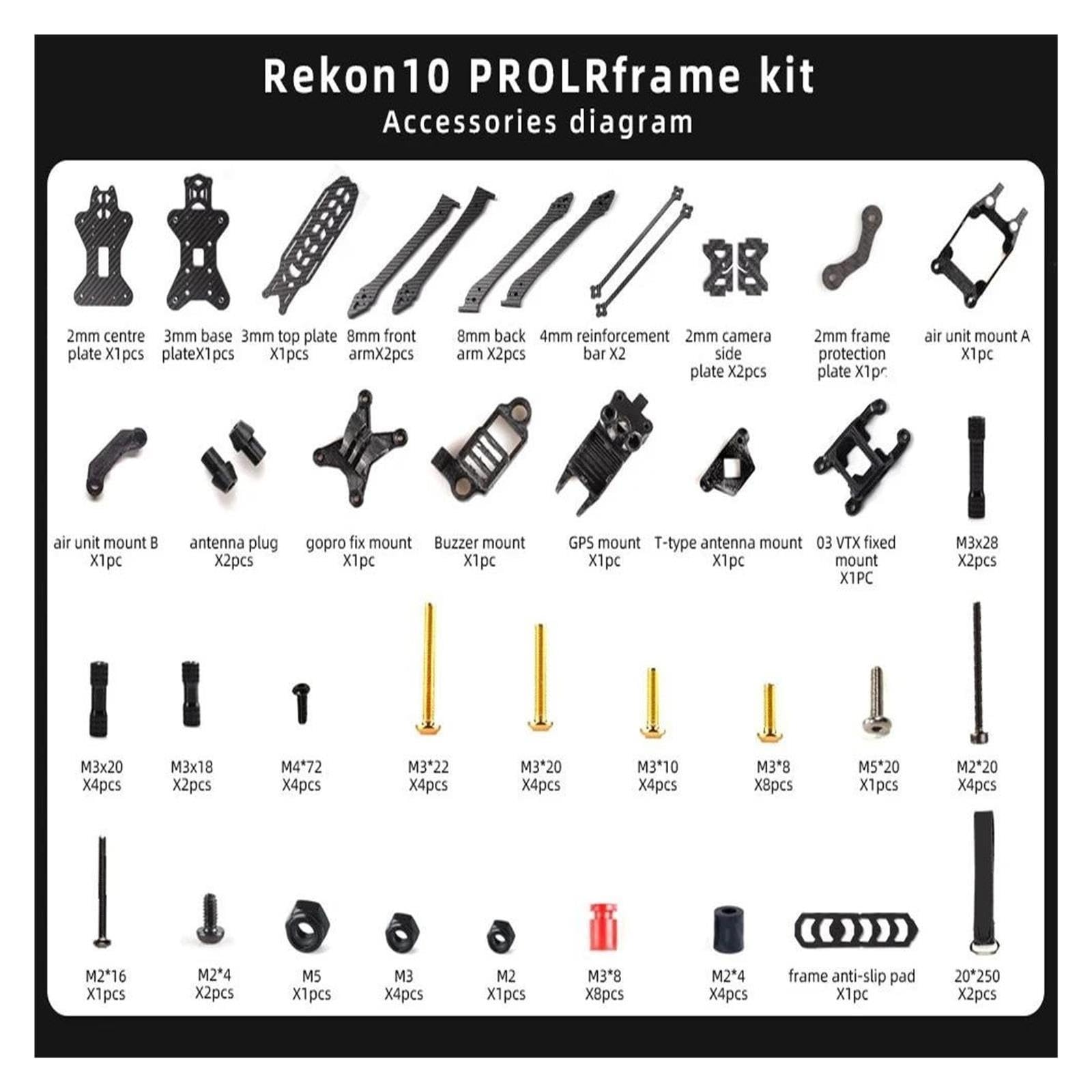 Kit marco fibra carbono 3K Rekon10 PRO LR para drones LR10