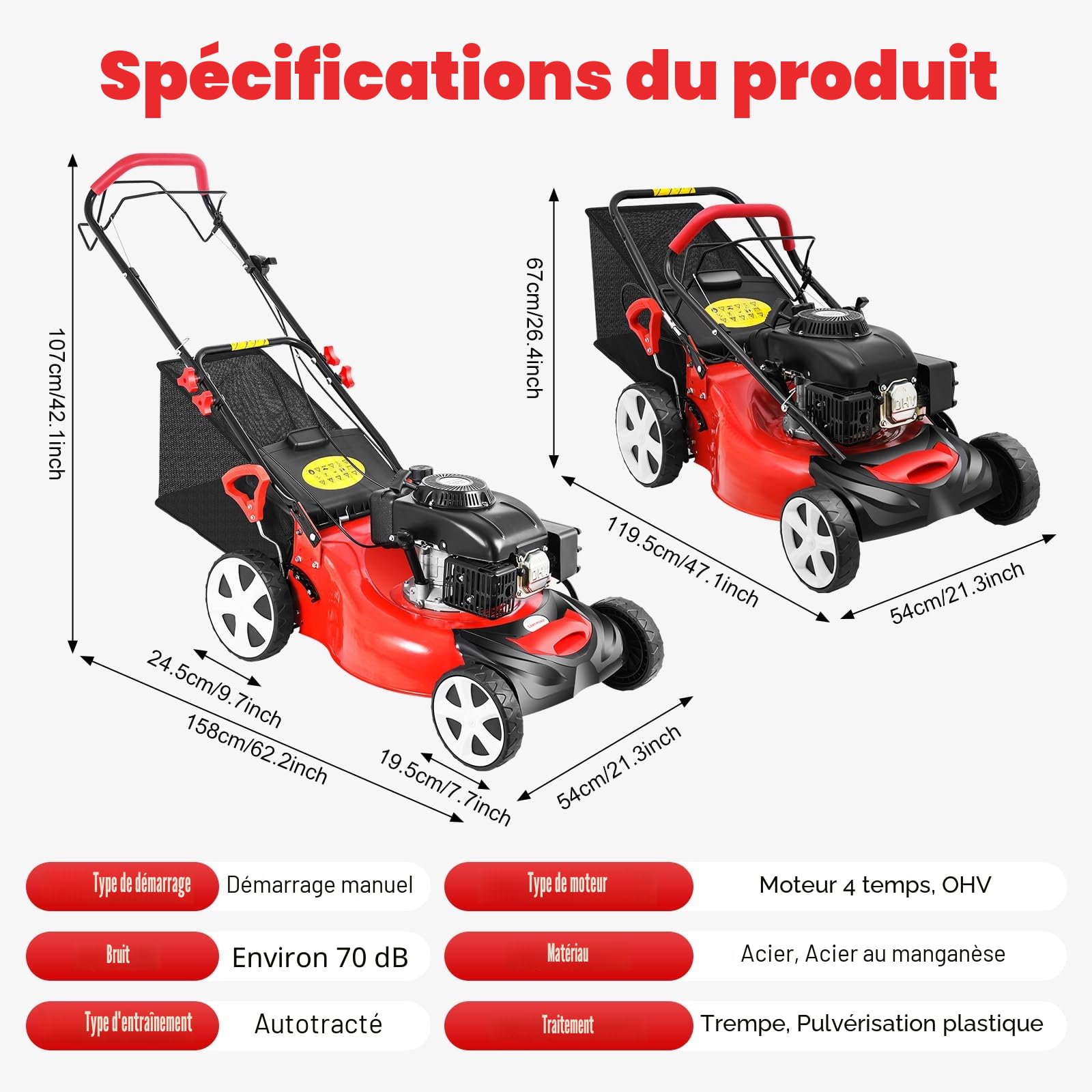 Tondeuse à gazon essence, entraînement de roue, fonction mulching, moteur puissant 5 CV 140 cc, 51 cm de largeur de coupe, panier 60 l