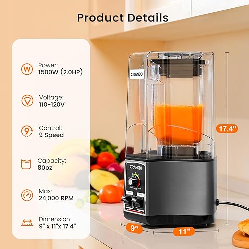 Miniatura 7 de CRANDDI Licuadora comercial para triturar hielo, picar, moler, mezclar, licuar, 1500W 80oz licuadora con manipulación y cubierta extraíble