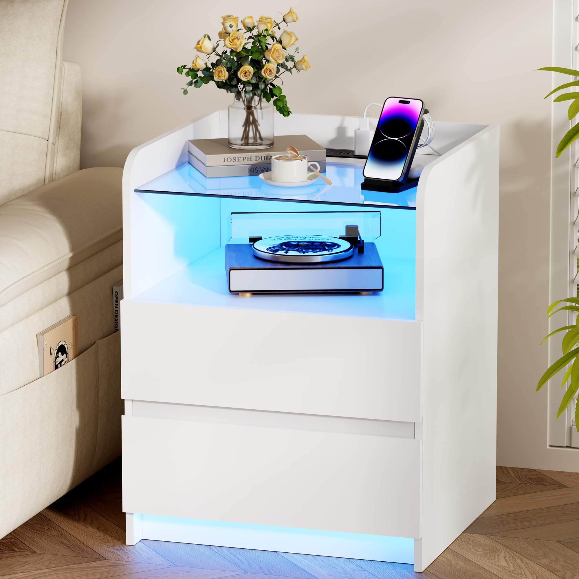 ANWBROAD Nachttisch 2er Set,Nachttisch mit Ladefunktion und LED-Licht, Glasplatte, Nachtschrank mit 2 Schubladen und 1 Offenes Fach, Beistelltisch mit Steckdose und USB-Anschlüssen, Weiß BNS001W
