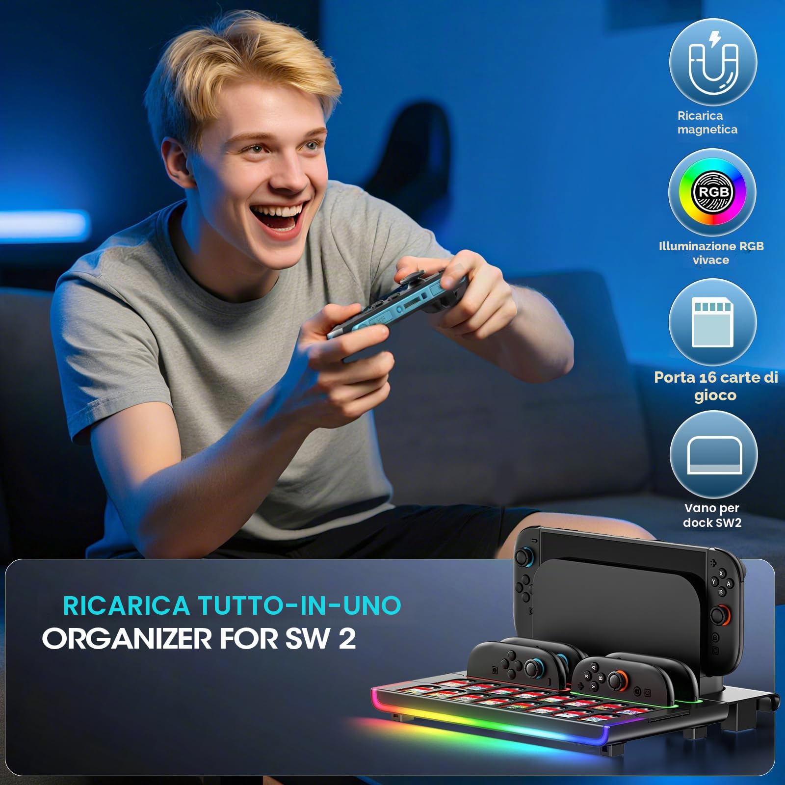 Base di Organizzazione per Switch 2 Controller e Console, Dock di Ricarica Magnetica Joy-con 2 con 9 Modalità RGB, Dock di Archiviazione Nintendo Switch 2 con 16 Slot per Schede di Gioco