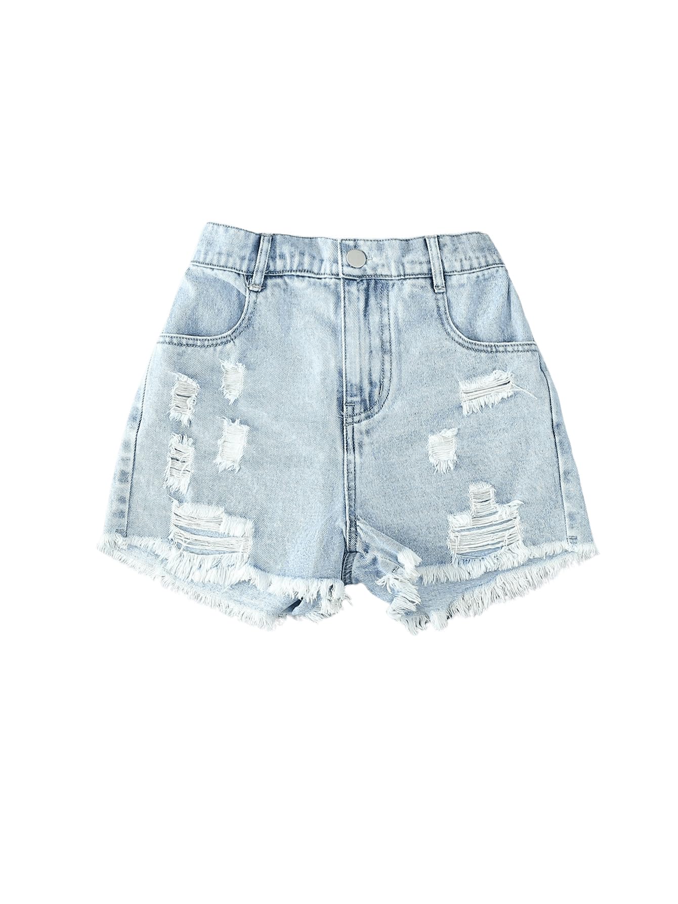 Floerns Pantaloncini da ragazza in denim strappato con orlo grezzo elastico in vita gamba dritta con tasche