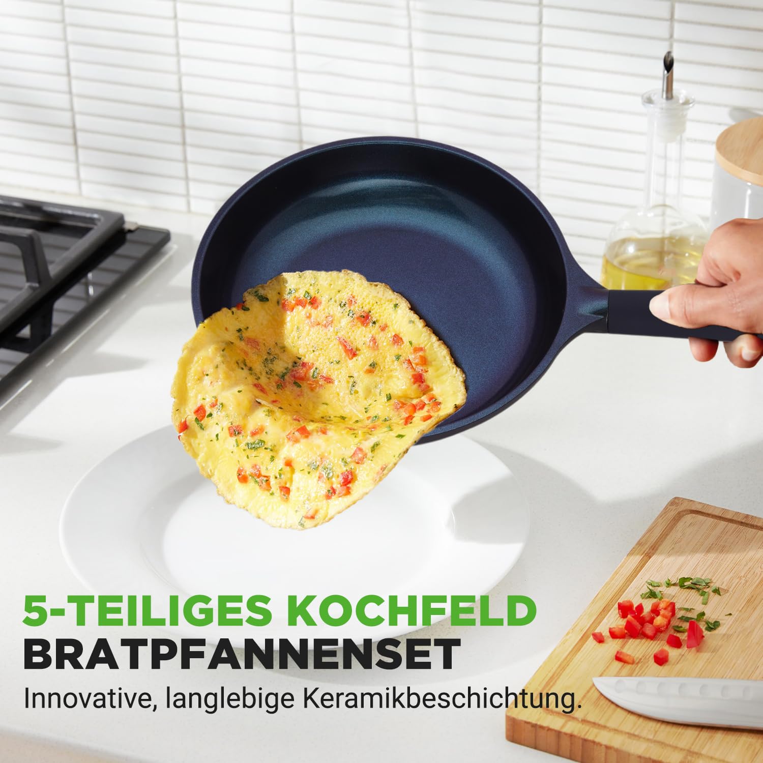 NutriChef Pfannenset 5-teilig – Grillpfanne, Wokpfanne, Bratpfanne 28 cm, Fischpfanne oval, Glasdeckel Antihaft, induktionsgeeignet, langlebiges Design, BPA-frei, ideal für gesundes Kochen