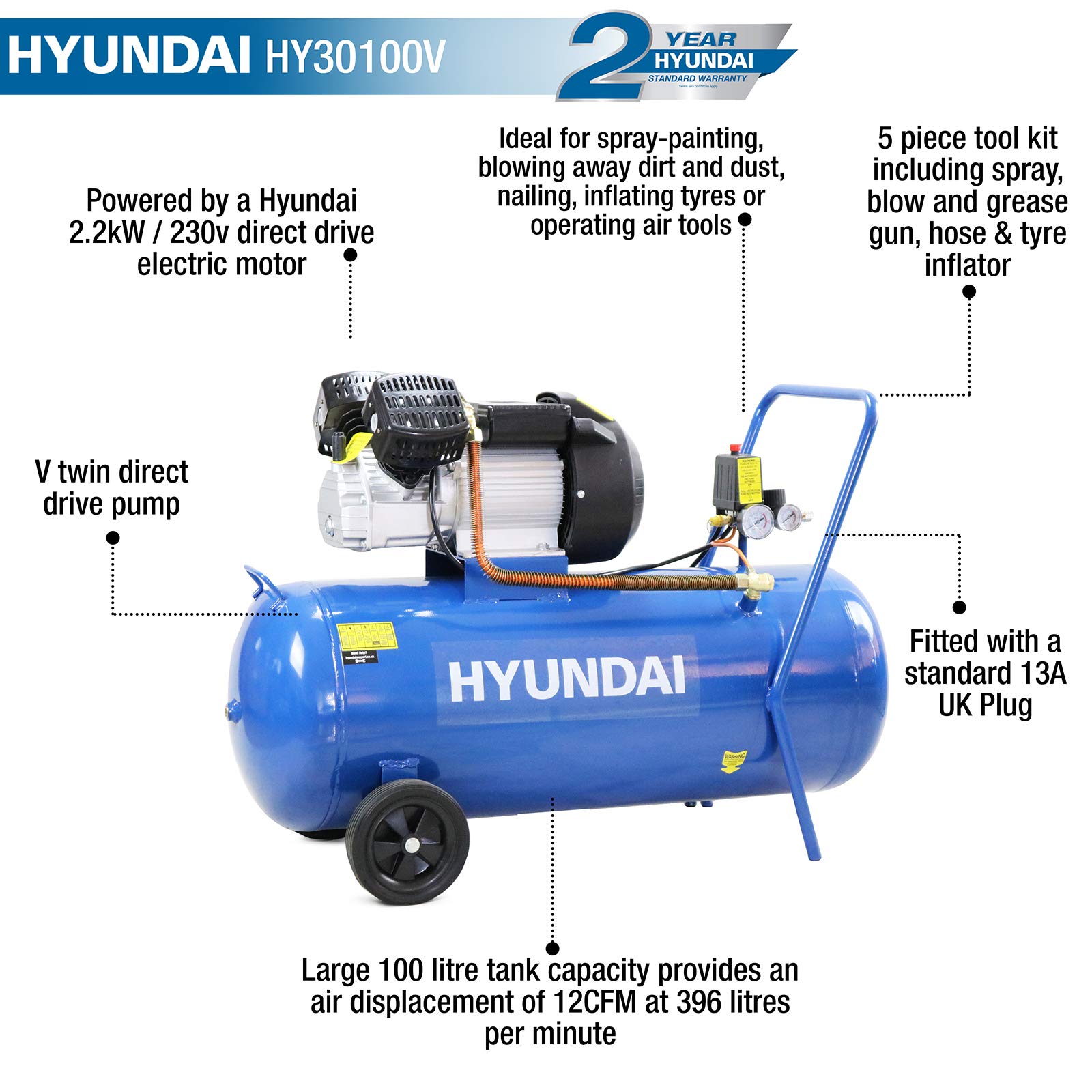Hyundai Electric Air Compressor, 14CFM/116psi 100L, 3hp, VTwin, Direct