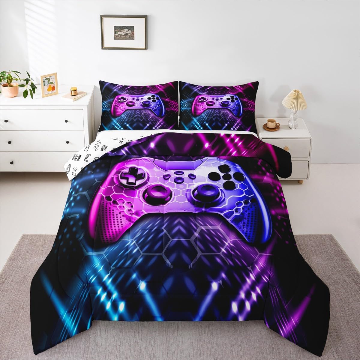 Castle Fairy Gamer Comforter Set Full Size for Boys,3 Pcs Honeycomb Comforter Video Game Bedding -All Season Soft Microfiber Down Comforter Blue Pink Gamer Bedding Sets for Kids(Gamepad Collection) image 5