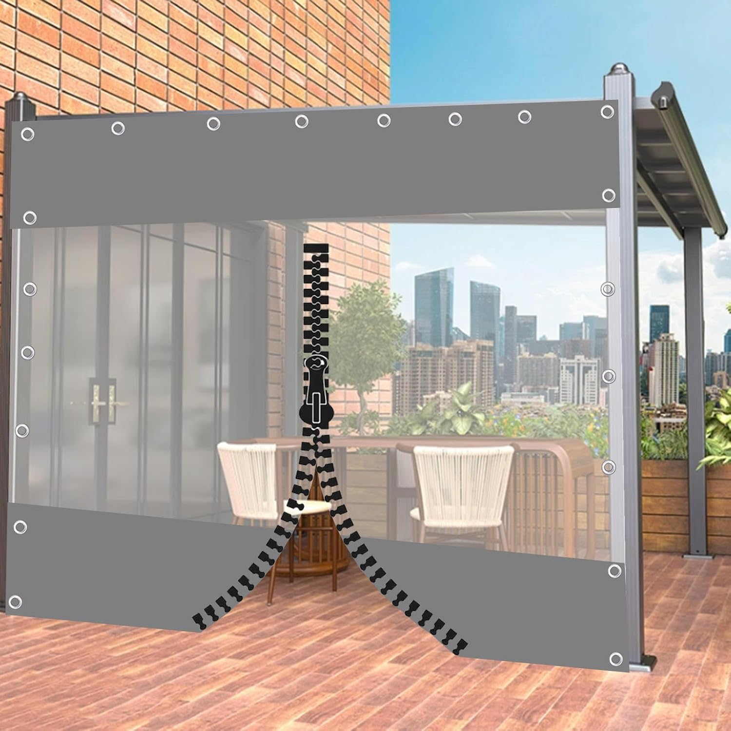 Outdoor Curtains,Grey Transparent Tarpaulin Side Panels for Pergola Gazebo Patio,Waterproof Clear Tarp Curtains with Zips,Weatherproof PVC Tarpaulin Cover,with Grommets,L×H-3×3m(9.8 * 9.8ft)