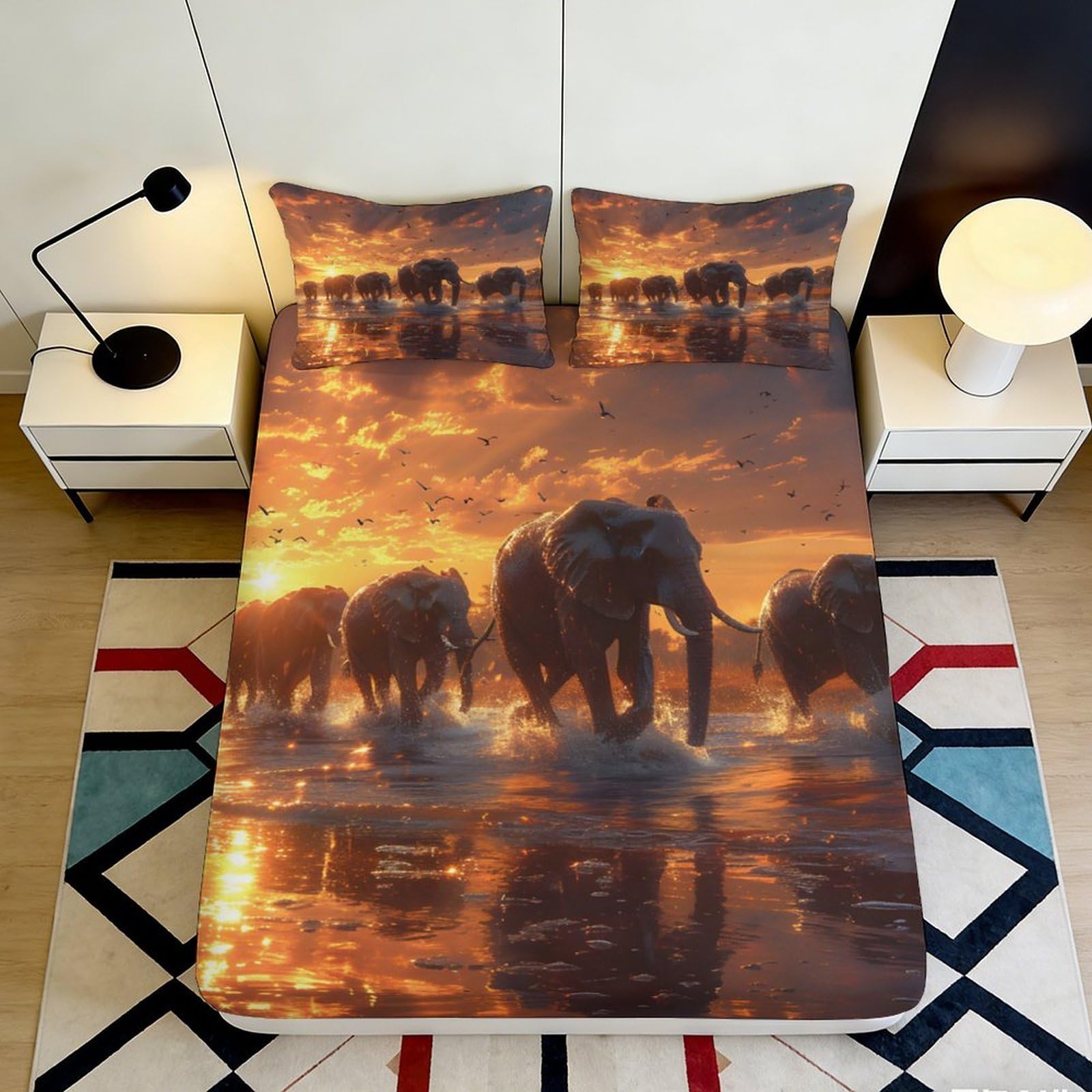 3D Printed Sunset Elephant Fitted Sheet Microfiber Soft Anti-Slip Jungle Herd Mattress Cover Bedroom Decor 90x200x25cm