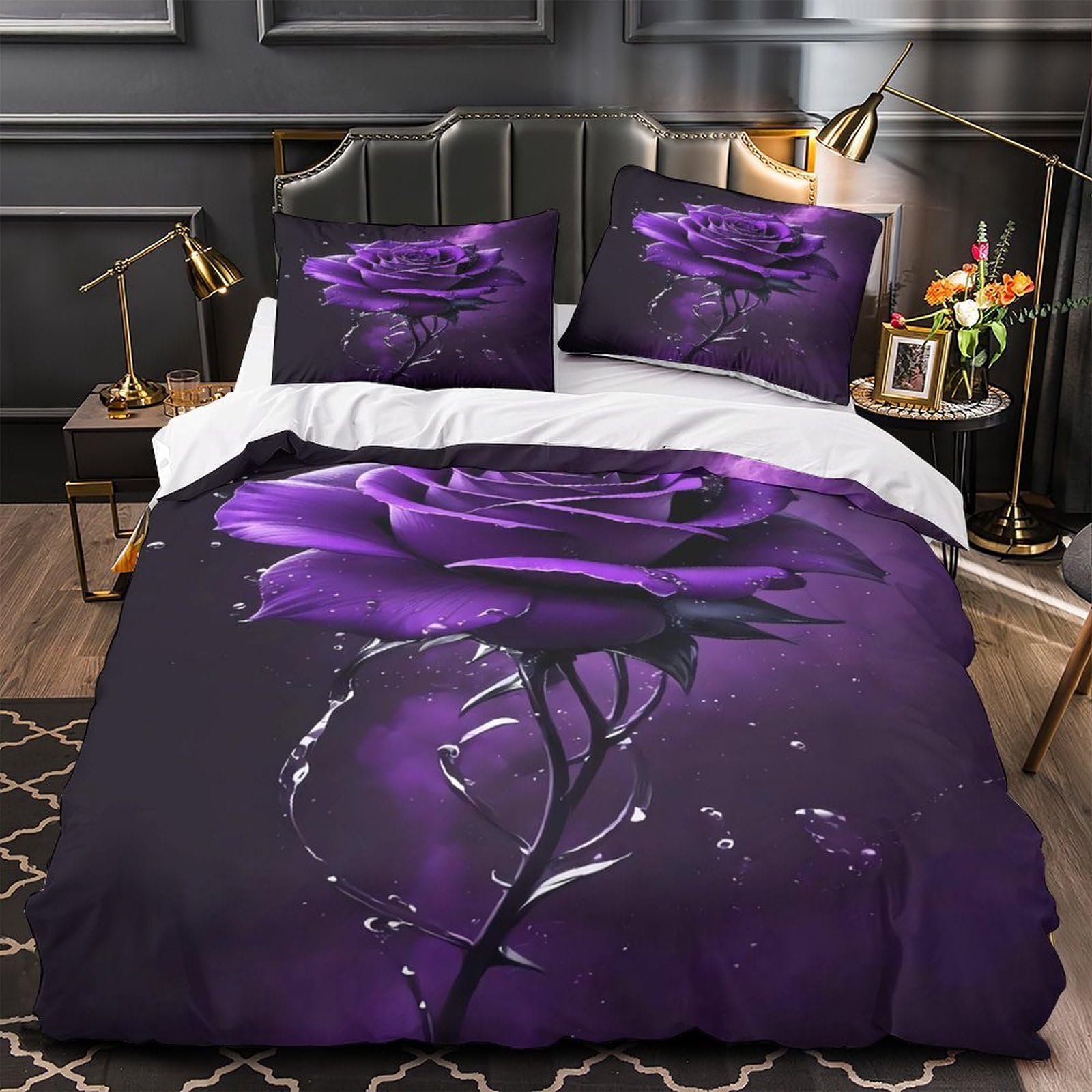 Yilani Purple rose 3D Printing Comforter Cover 3pcs 100% Microfibre Stain-Resistant Fantasy Duvet Insert Cover 2 Pillow Shams Zippered Closure Bed Linen Adults & Families Double（200x200cm）