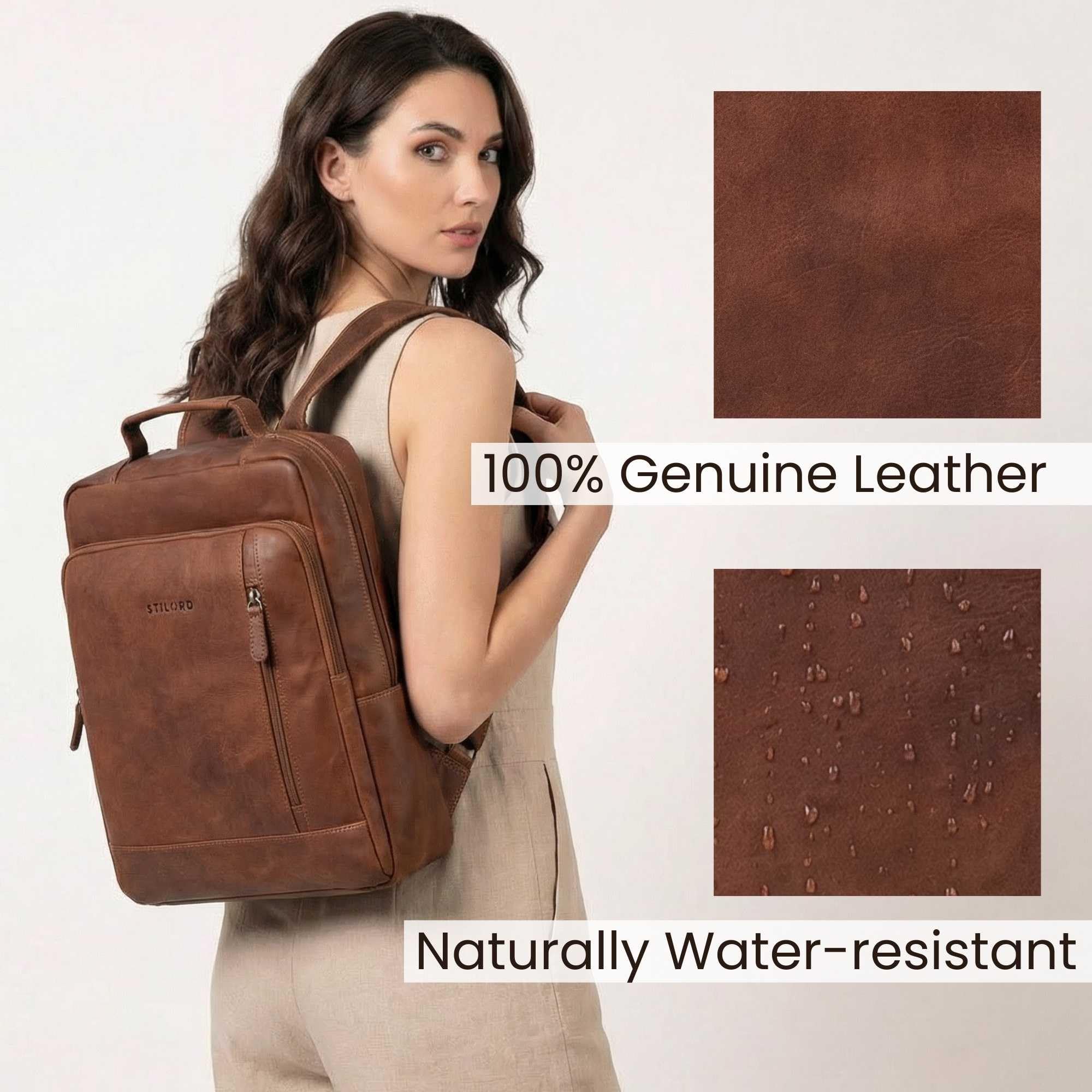 STILORD 'Soline' 15 Zoll Laptop Rucksack Leder - Business Rucksack Arbeitsrucksack Herren Groß - Eleganter Echt Leder-Rucksack Damen für Arbeit Freizeit Reiserucksack, Farbe:cognac - braun