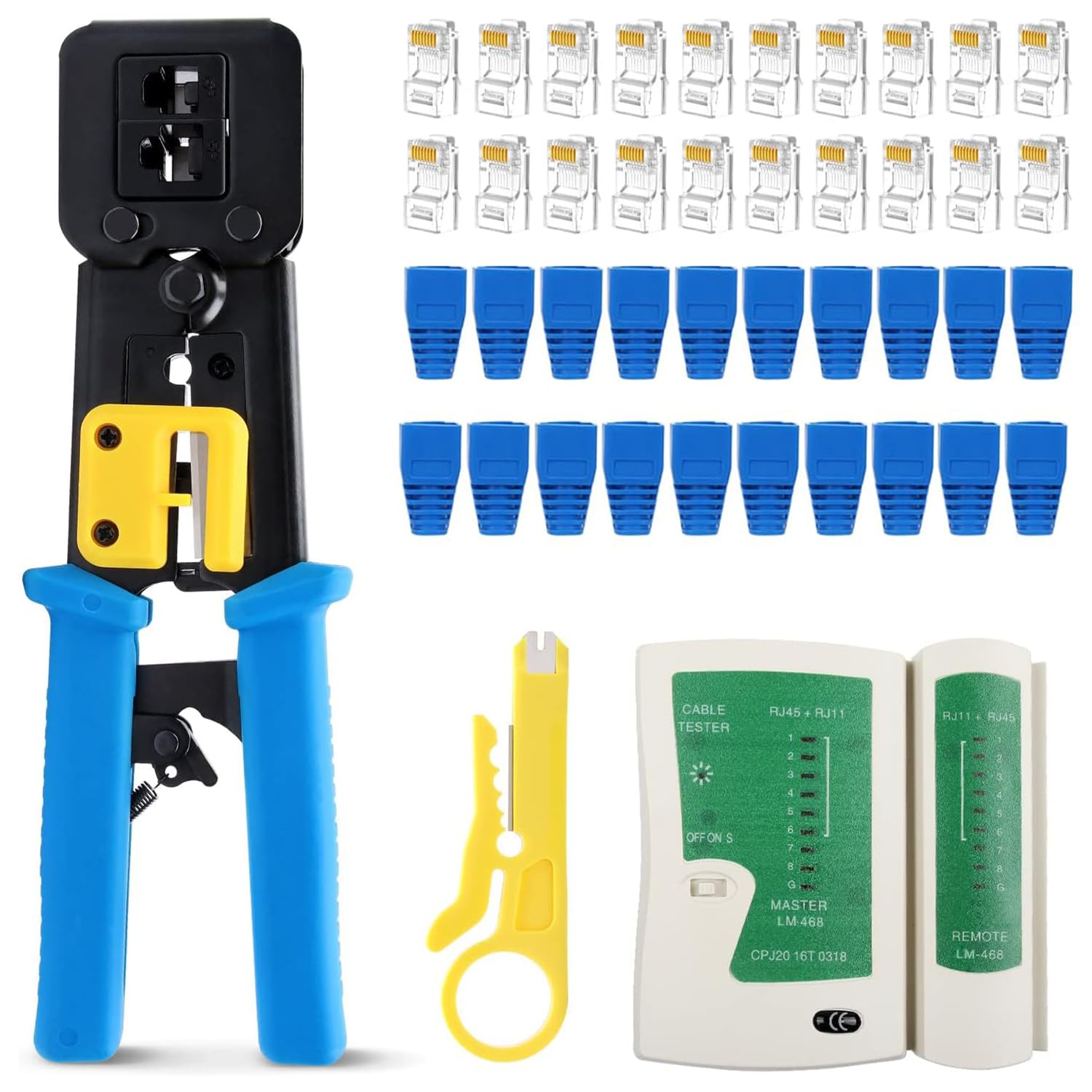 FEDUS RJ45 Crimping Tool Kit, Passthrough Crimping Tool rj45 for Cat6A Cat5E Cat5 RJ45, 25PCS rj45 Connector & Boot Covers, Network lan Tester, Cut and Strip Tool