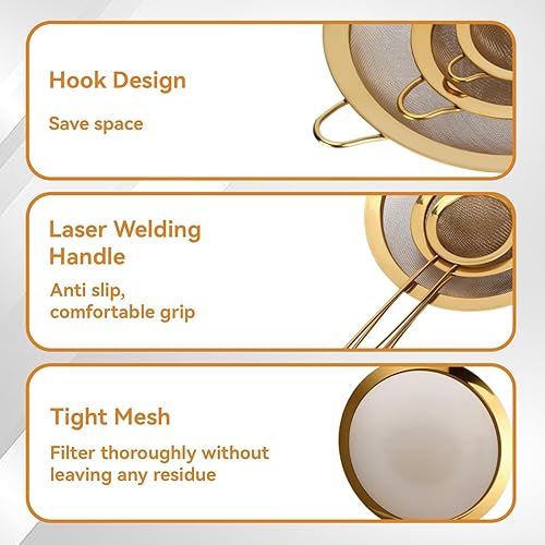 Miniatura 7 de Juego de 3 coladores de malla fina, colador dorado para exprimir jugo de acero inoxidable, juego de 3 coladores de malla fina con asa para cocina,