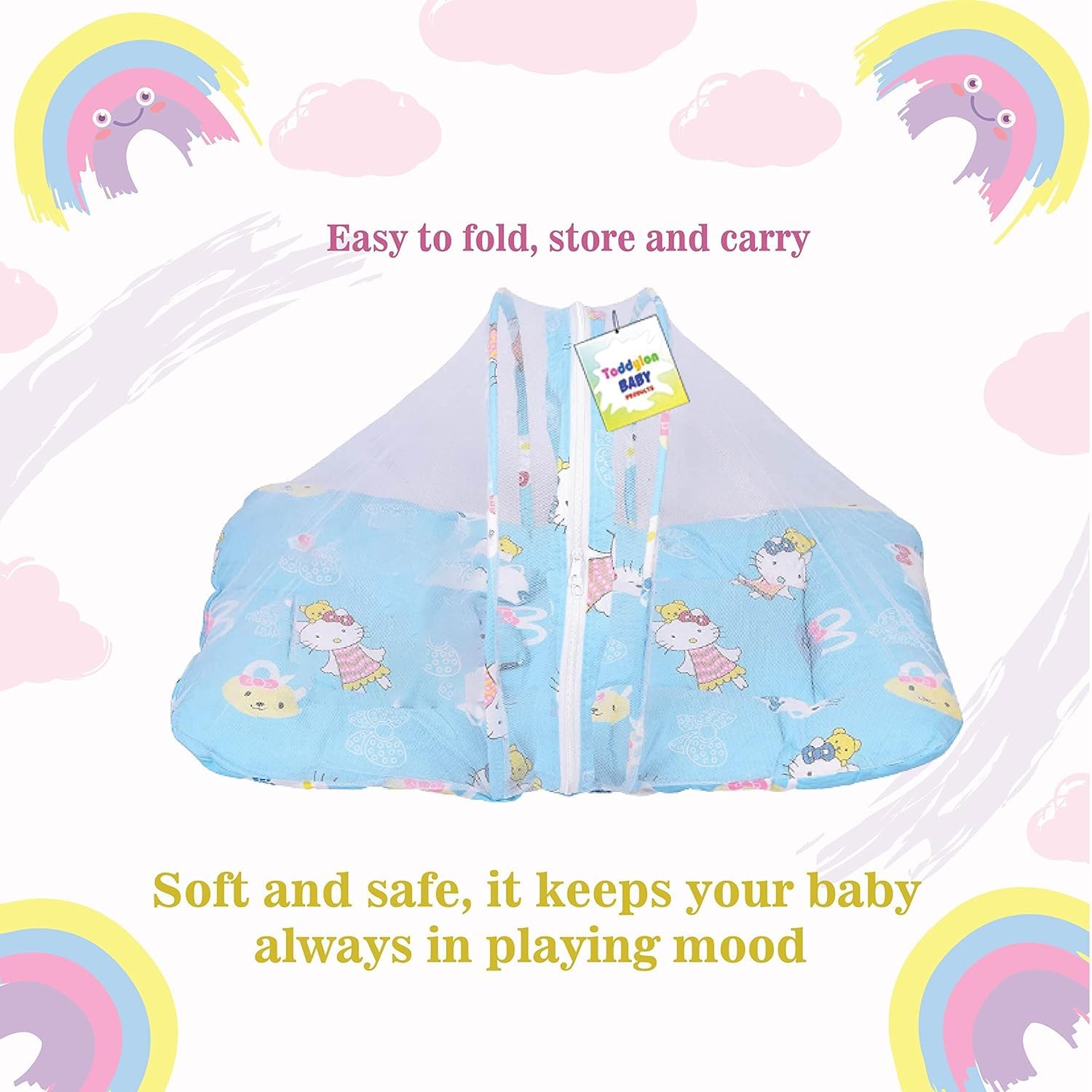 Toddylon Flat Bed New Born Baby Bedding Set Cot Mattress with Mosquito Net (0-6 Months) Blue - Image 3 thumbnail