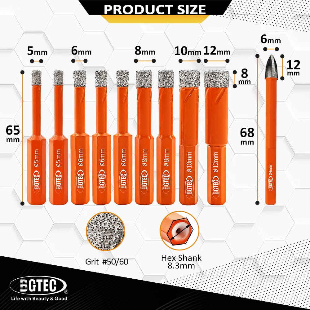 BGTEC Dry Diamond Core Drill Bits Set Hole Saw,10pcs 5 * 2/6 * 3/8 * 2/10/12MM Hex Shank Drill Bits+6mm Triangle Shank Carbide Drill for Granite Marble Porcelain Tile Ceramic - Image 2