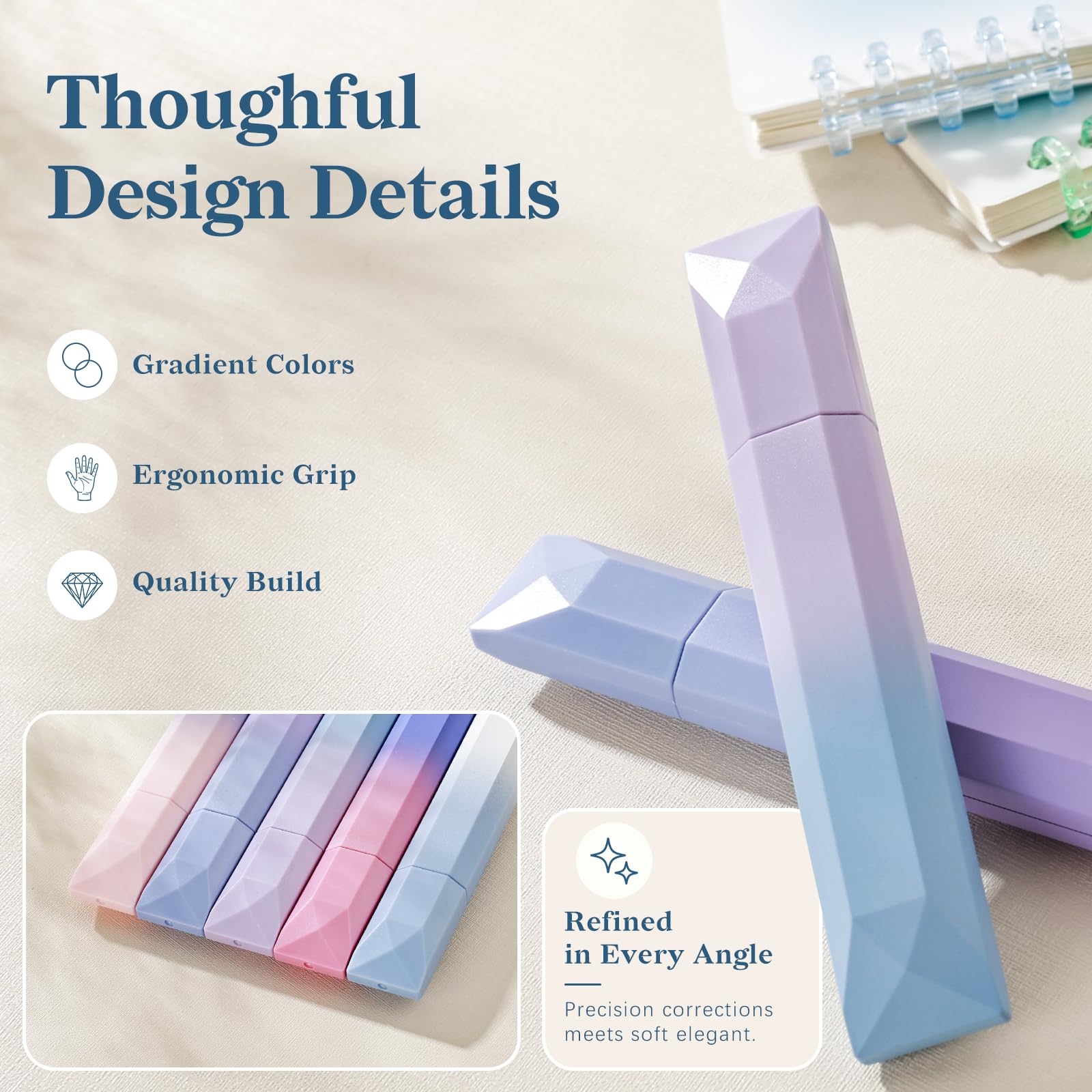 Temiary 5 cintas correctoras blancas, estéticas blancas suaves y extraíbles para correcciones instantáneas, aplicador en forma de bolígrafo resistente al desgarro fácil de usar para suministros