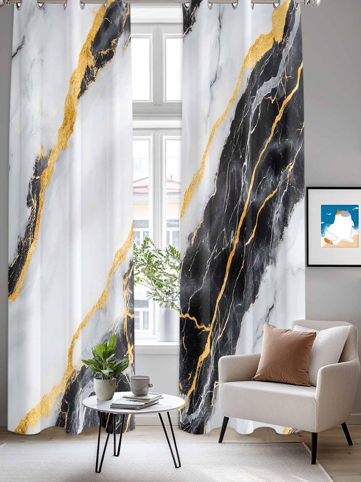 Marble Black Window Curtains Panels with Silver Grommet,Gold Foil Ceramic Style Cracks Scratches Kitchen Cafe Curtain Draperies Window Treatment Set for Living Room/Bedroom/Bathroom/Cafe,84x84