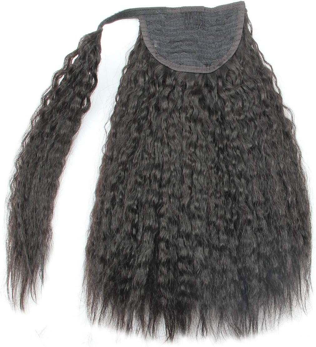 12inch Kinky Straight Human Hair Ponytail Extension Wrap Around Kinkys Straight Clip in Yaki Coarse Human hair Ponytail Extensions (12 inch)