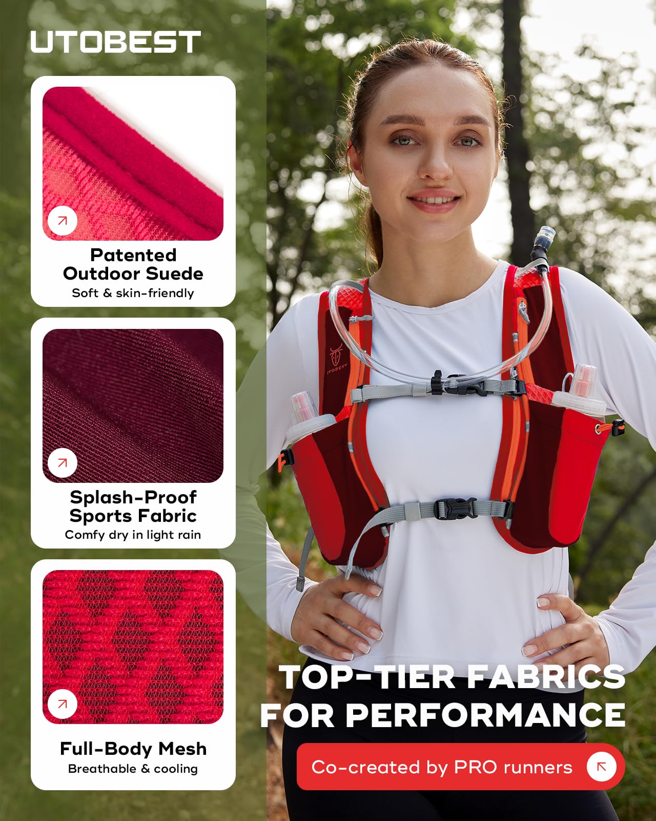 UTOBEST Gilet Course, Sac hydratation Leger avec 2*350ml flasque,Rouge | 7 poches, grand support telephone, ajustement confortable, sans rebond, OSFM, mixte, trail, park run, marathon