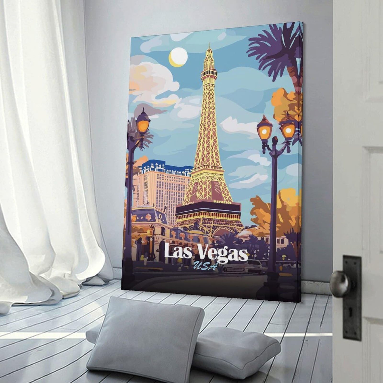 Las Vegas Eiffel Tower Illustration Wall Art Print, 16x24inch(40x60cm), for Bedroom Decor, Cosy Corners Or Studios, Decorative Wall Art for Cosy Rooms