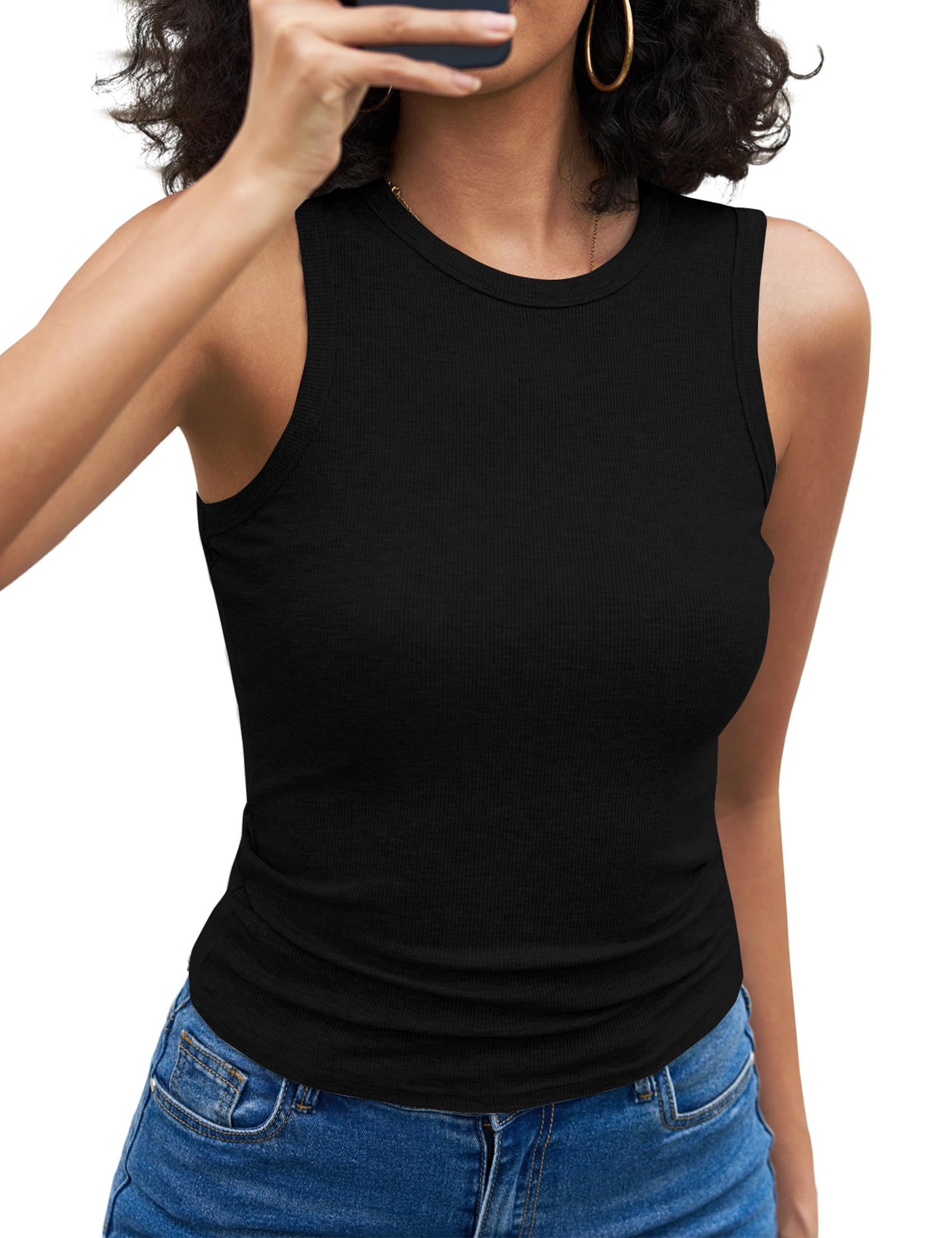 Aottori Top Damen Sommer Rundhals Oberteile Gerippt Slim Fit Basic Tanktop Stretch Elegant Shirt Ärmellos Sexy Casual Einfarbig
