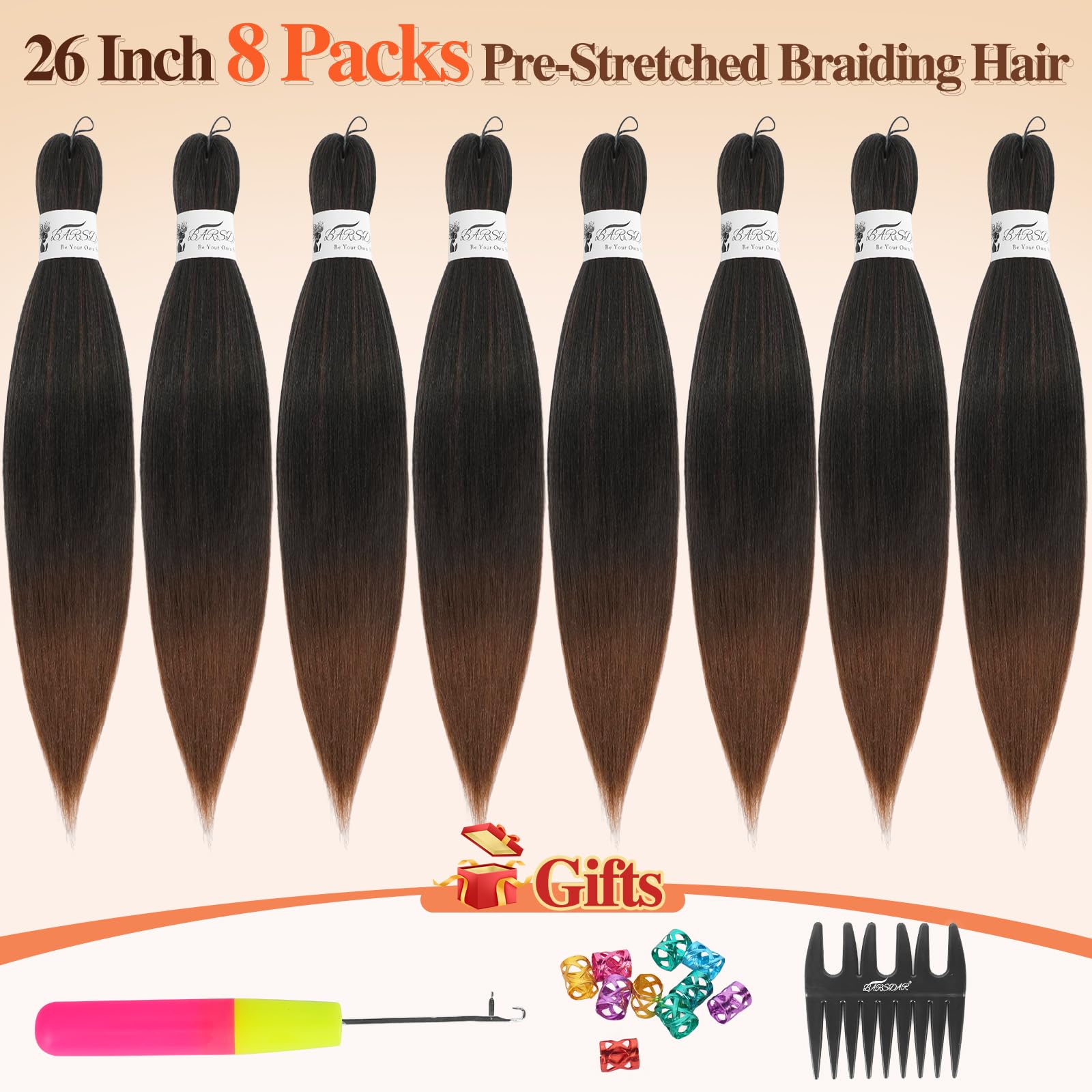 BARSDAR Pre Stretched Braiding Hair, 26 Inch, 8 Packs, Ombre Auburn, Yaki Texture, Hot Water Setting, Professional Synthetic - Image 2