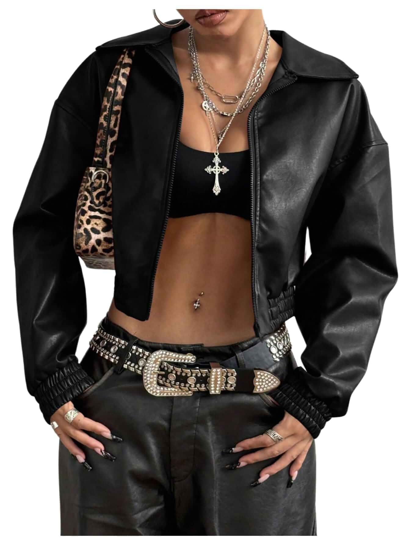 BEAUDRM Women's Y2K Faux PU Leather Jacket Crop Zip Up Motorcycle Coat Long Sleeve Drop Shoulder Motor Bike Jacket Streetwear