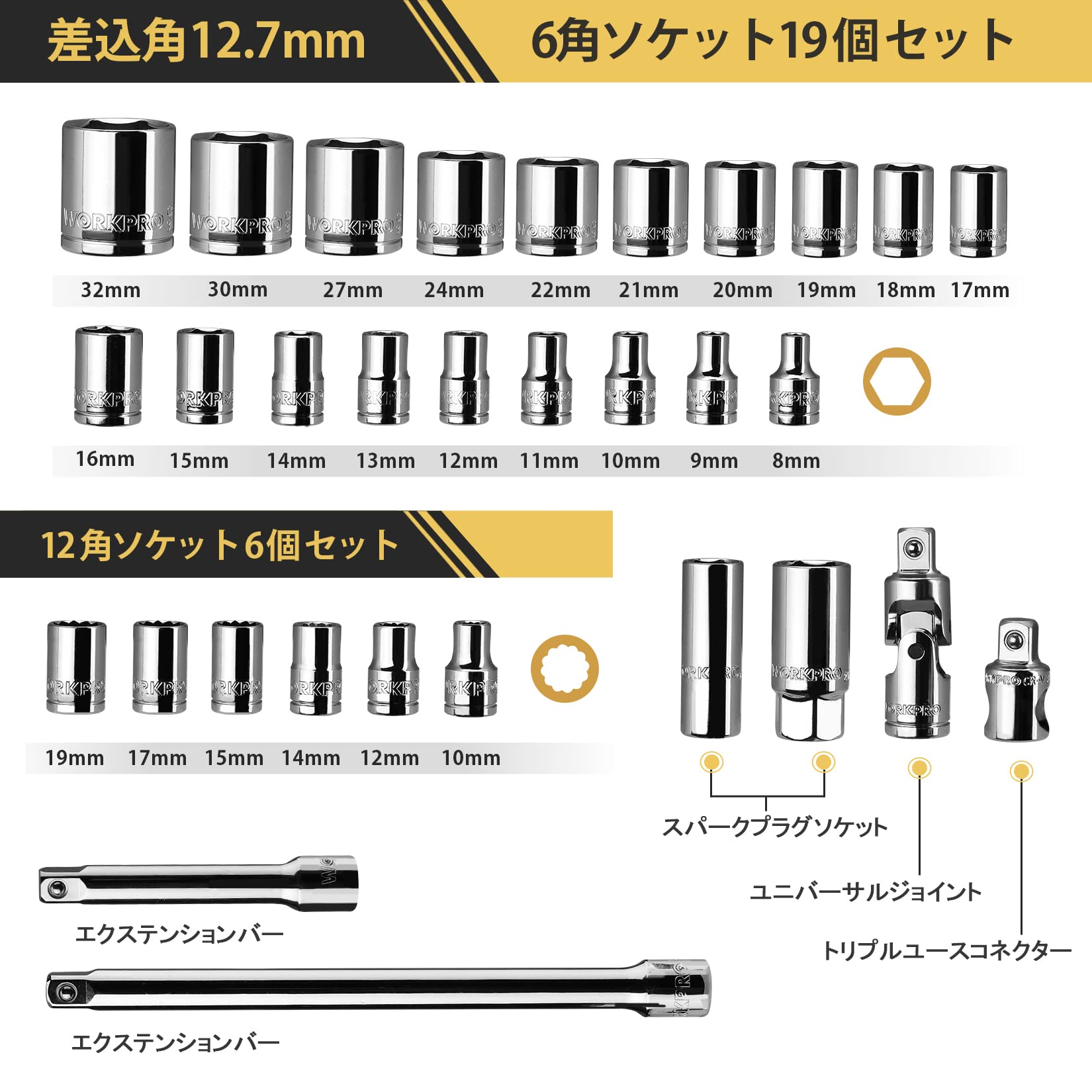 Amazon.co.jp: WORKPRO ソケットレンチセット 差込角12.7mm 32点セット  