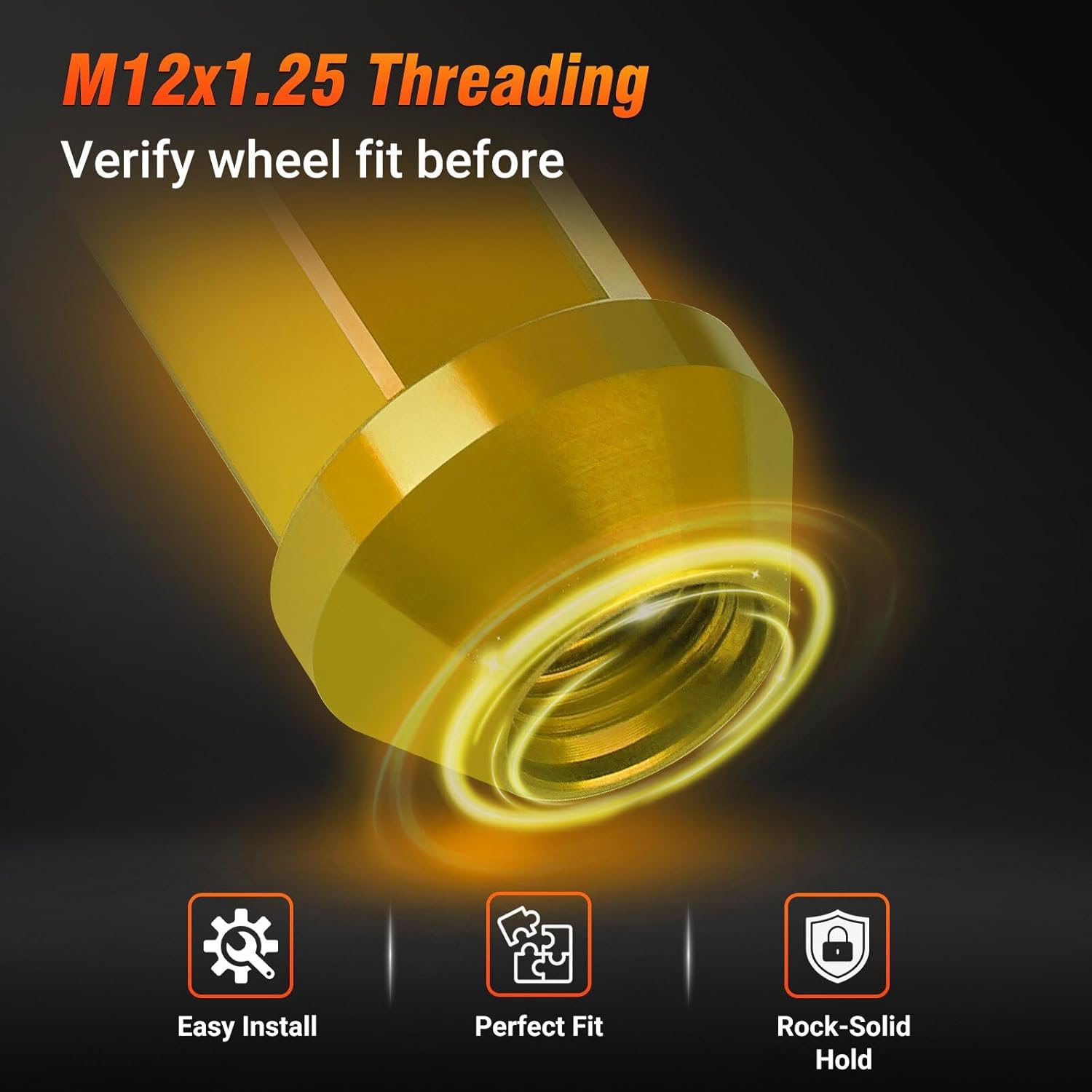 M12x1.25 Lug Nuts - 20 PCS 7075-T6 Aluminum Alloy 50mm Closed-End Lug Nuts, Tall Knurled Top Wheel Lug Nut (Gold)