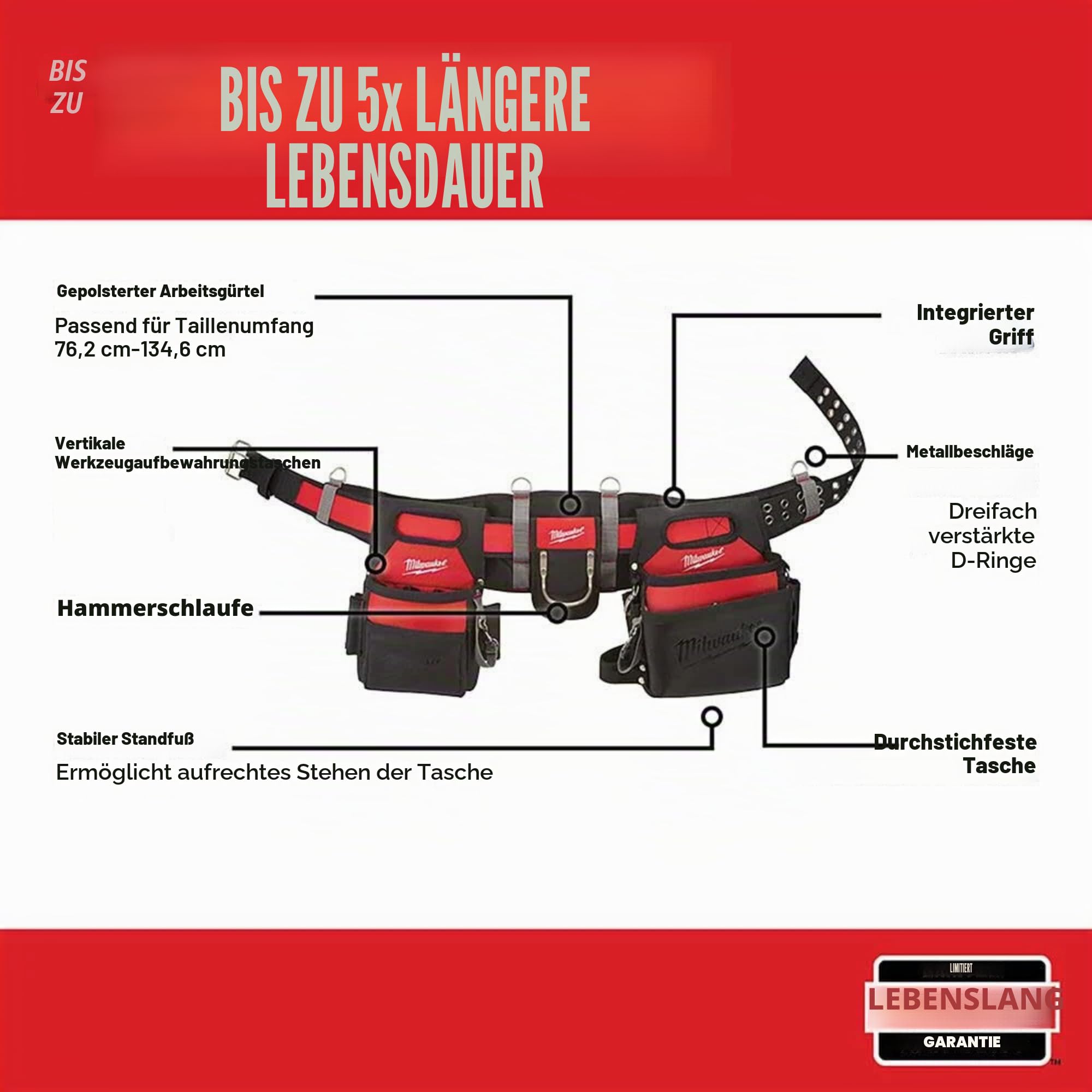 Milwaukee 48 22 8110 Elektriker Arbeit Gürtel mit 29 Taschen – rot/schwarz, Red/Black, ‎11.43 x 29.26 x 59.97 cm