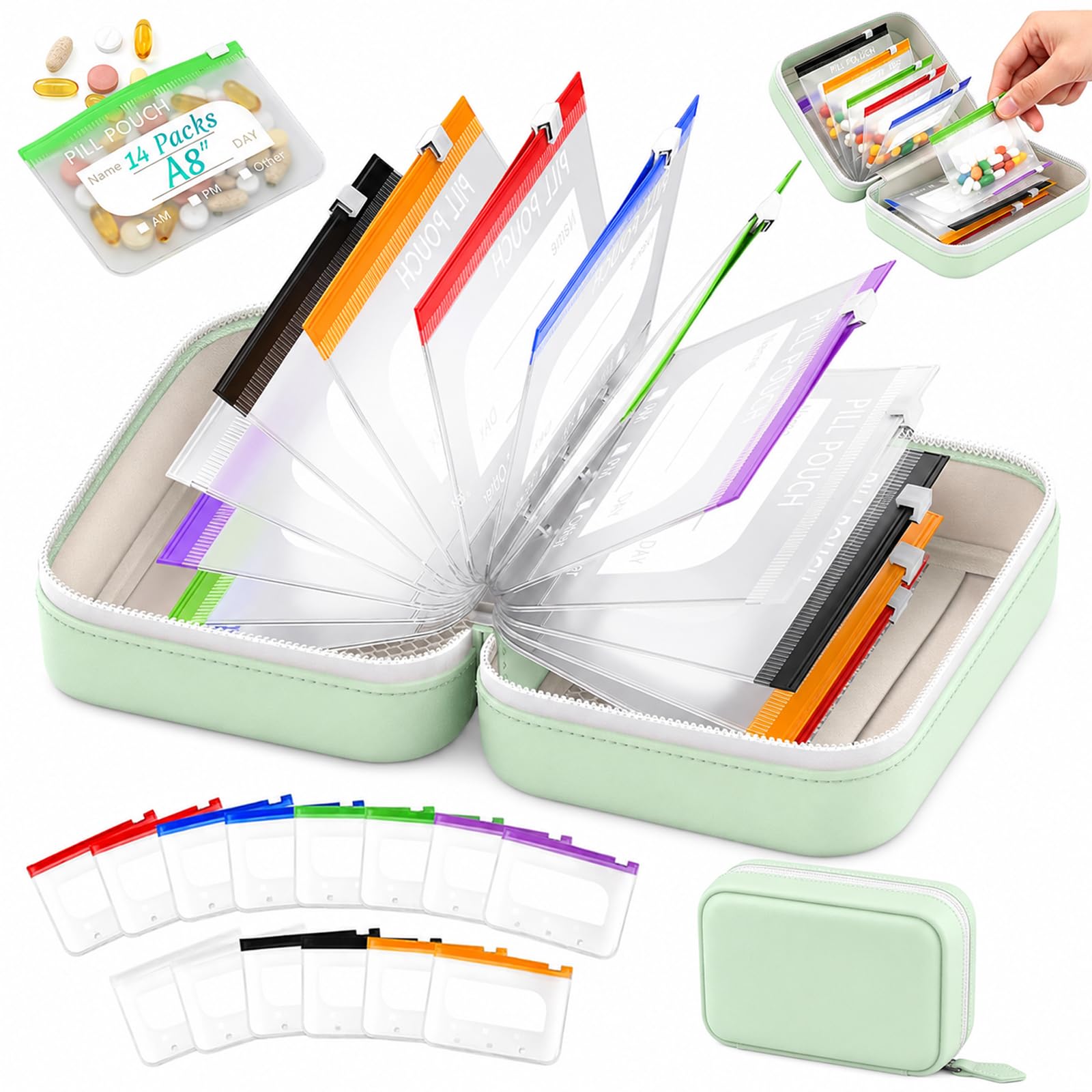 A8 Pilulier Organiseur Imperméable, 14 Pochettes à Médicaments avec Code Couleur, Trousse à Pharmacie Pratique et Réutilisable pour Usage Quotidien et Voyage (Vert)