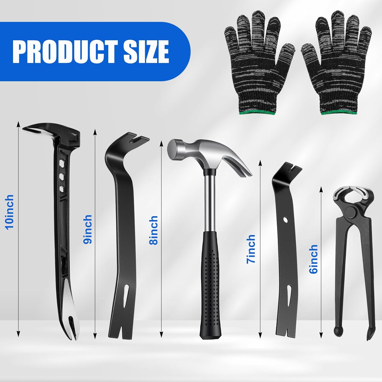 6 Pcs Pry Bar Set, 10" Paw Nail Puller, 7" and 9" Flat Claw Pry Bars, 8 Inch End Cutting Pliers, 8 oz Claw Hammer with Gloves, Utility Bar Set for Baseboard, Floor, Nails Removal
