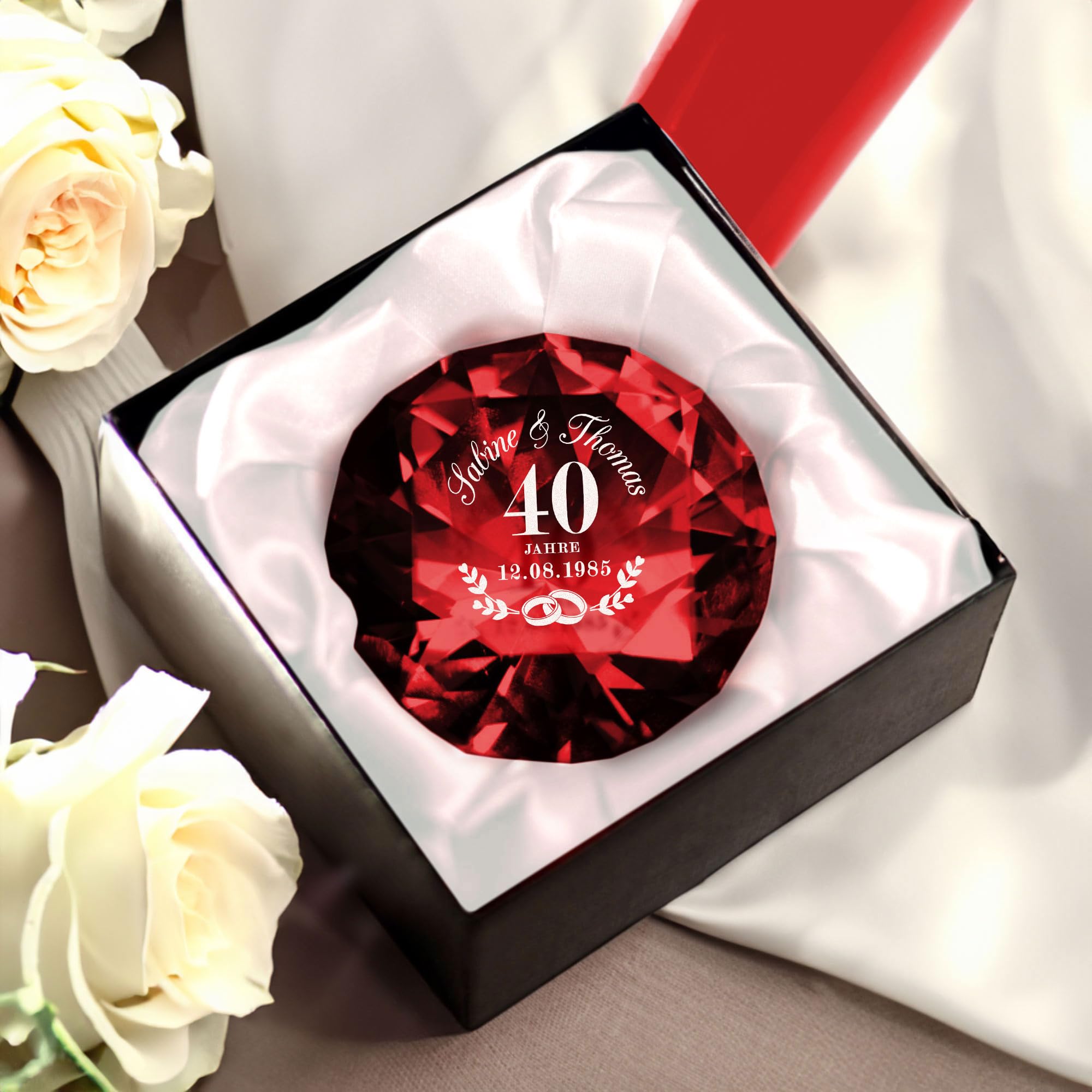 Casa Vivente Glas Kristall zur Rubinhochzeit, Diamant mit Gravur, Personalisiertes Hochzeitstag Geschenk, Kristall Deko Geschenk zum 40. Hochzeitstag, Geschenke für Paare