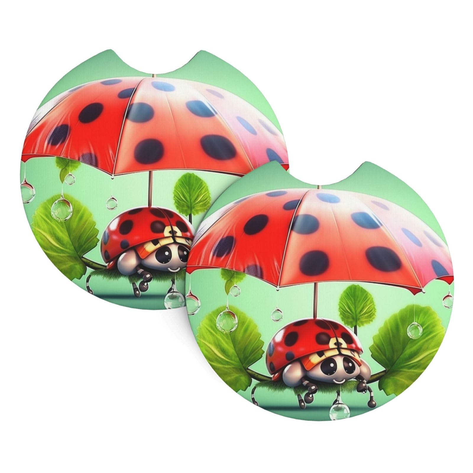 2 Pack Car Coaster for Cup Holders Funny Ladybug Holding Umbrellas Car Cup Coaster 2.7" Neoprene Non-Slip Automotive Cup Mat Universal Auto Car Interior Accessories for Women Men Cup Pad