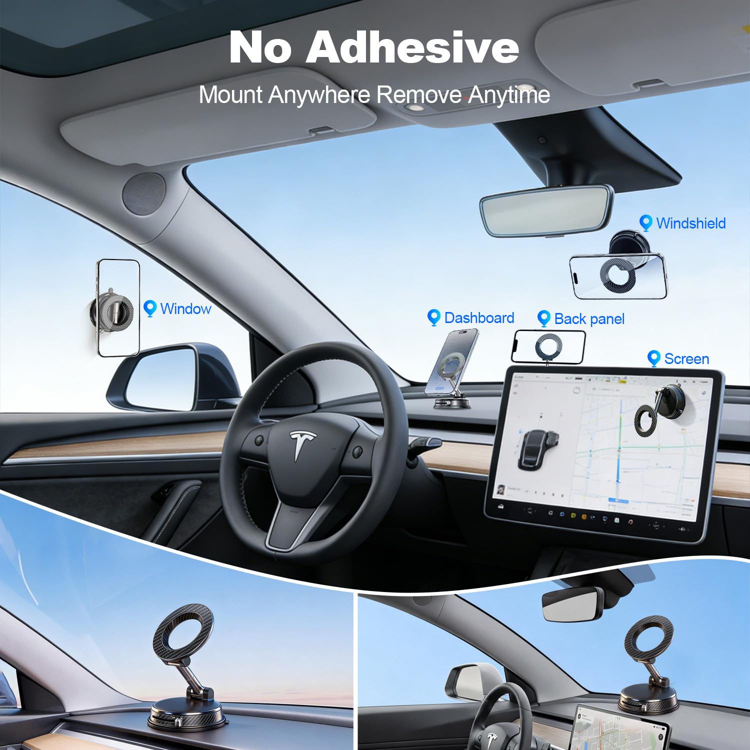 Uprosdik Black Magnetic Phone Holder for Car, Vacuum Suction & 3000gf Magnet, 360° Adjustable Dashboard Mount, Compatible with iPhone & Android — view 2