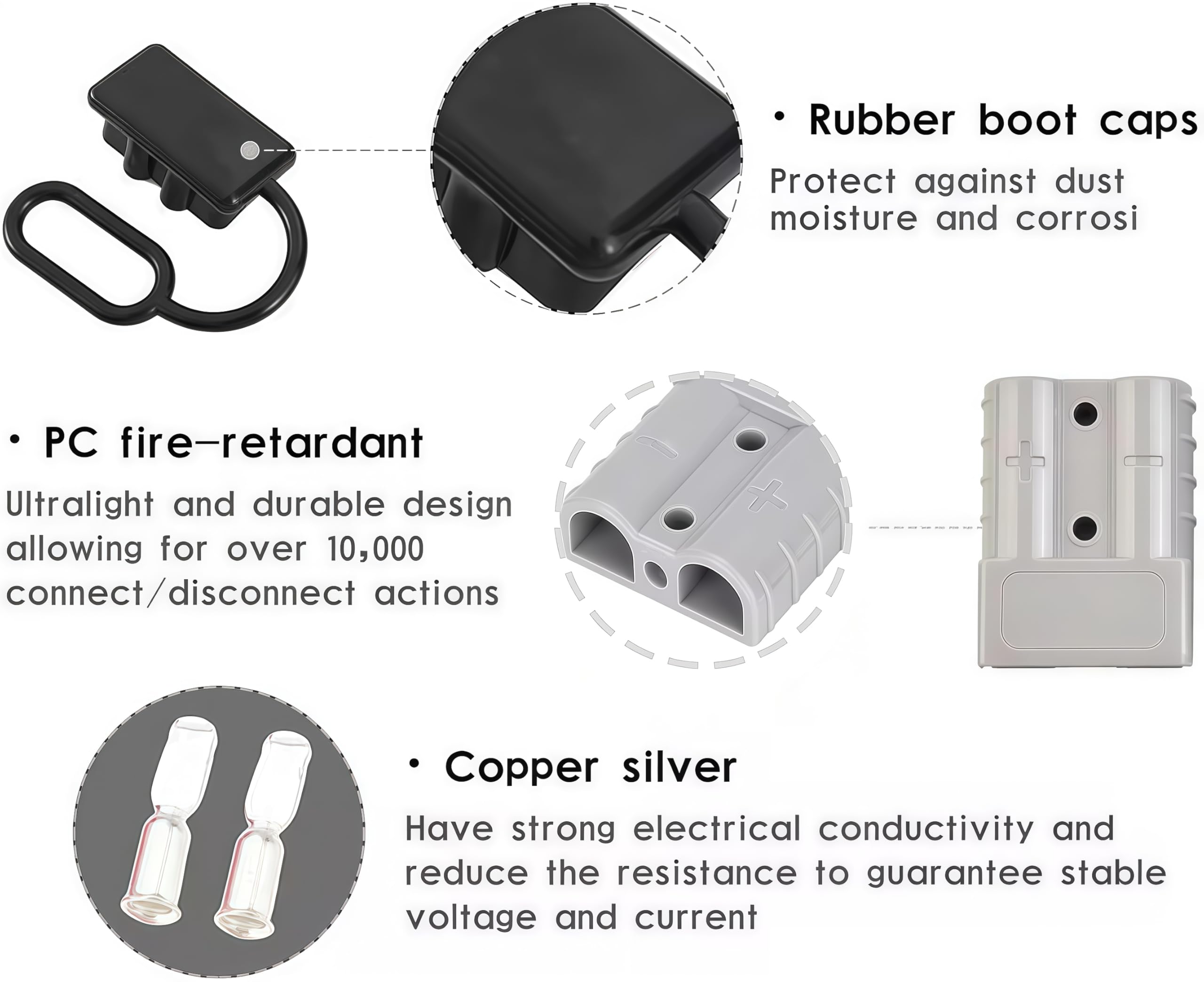 10 Stück Batterieanschluss für Anderson stecker 50a, 600V 50Amp Batterie Schnellanschluss Stecker mit 4 Stück Staubschutzkappen für Gabelstapler, Wohnwagen, Autos, Boote, Solaranlagen