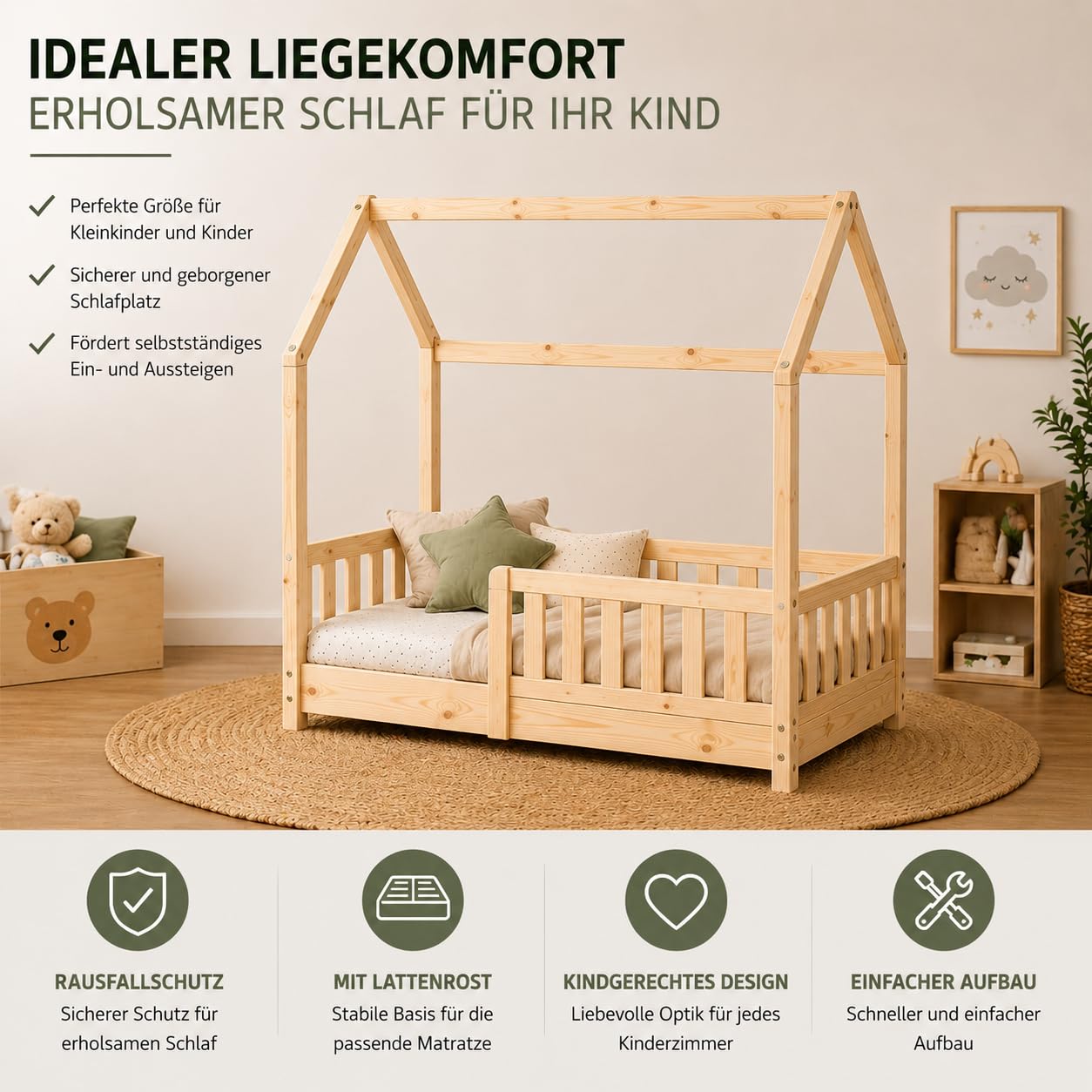 Easy Act Kinderbett Haus aus Massivholz – Bodenbett mit Rausfallschutz & Lattenrost – Hausbett Kinder Holz Bettgestell für Mädchen & Jungen ab 3 Jahre (Natur, 90 x 200 cm, ohne Matratze)
