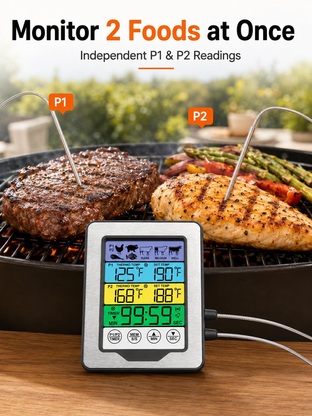0-300℃/32-572℉ Termometro Digitale con Sonda, Termometri da Cucina, Termometro da Forno con Timer e Schermo Touch a Colori, per Cottura BBQ Alimenti Carne Forno Arrosto Griglia