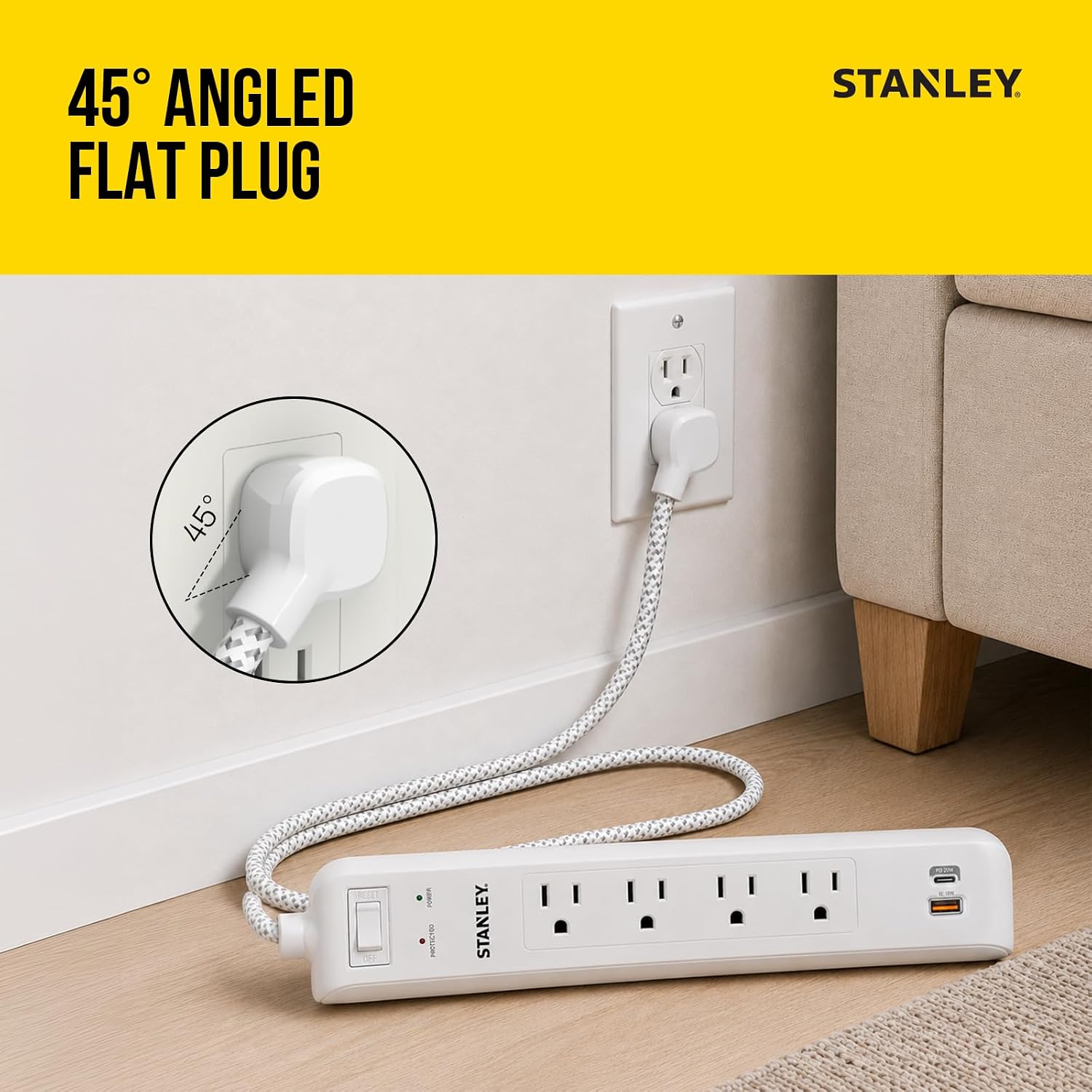 STANLEY Surgemax Surge Protector Power Strip 4 Grounded Outlets 1 USB-C 1 USB-A Ports 600 Joules Surge Protection 6 Ft Fabric Braided Cord AWG 14/3 125V/15A 1875W Circuit Breaker Cord White ETL Listed image 4