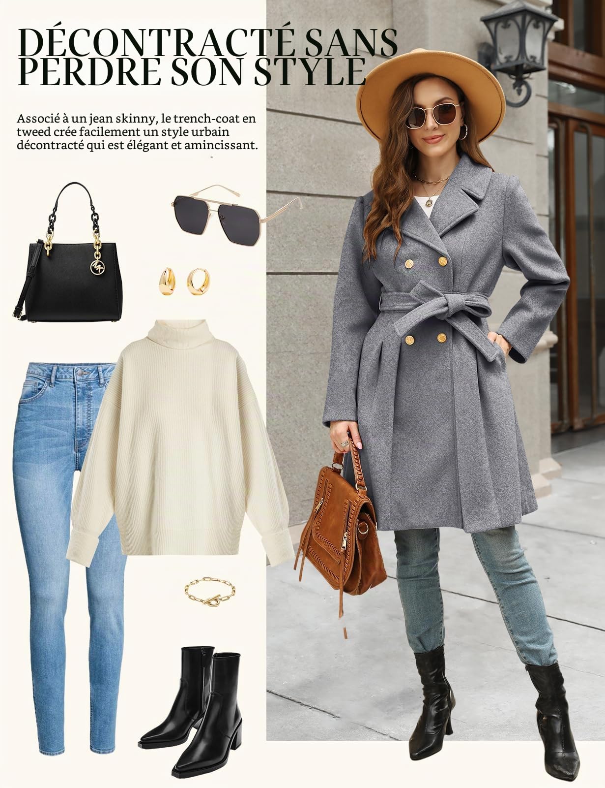 Vancavoo Manteau Femme Hiver Chic Veste Long Manteaux en Laine Elégant Coat Manches Longues à Revers A-line Chaud Trench Coat Jacket