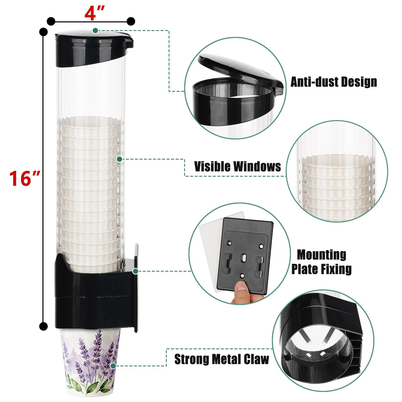 MYITYARD Dispenser per tazze, portabicchieri a strappo, montaggio a parete, per raffreddamento dell'acqua, adatto per bicchieri di carta e plastica usa e getta da 200 ml a 350 ml, per casa, ufficio
