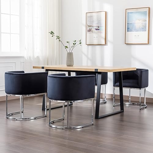 Juego de 4 sillas de comedor de terciopelo modernas con brazos de barril y estructura de metal cromado, sillas tapizadas de cocina de 47 cm de