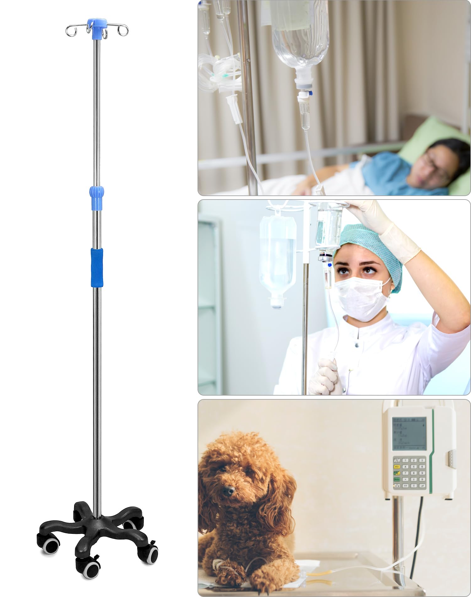 QWORK® Supporto per infusione con ruote, con 4 ganci, per ospedale e casa, acciaio inossidabile, regolabile in altezza