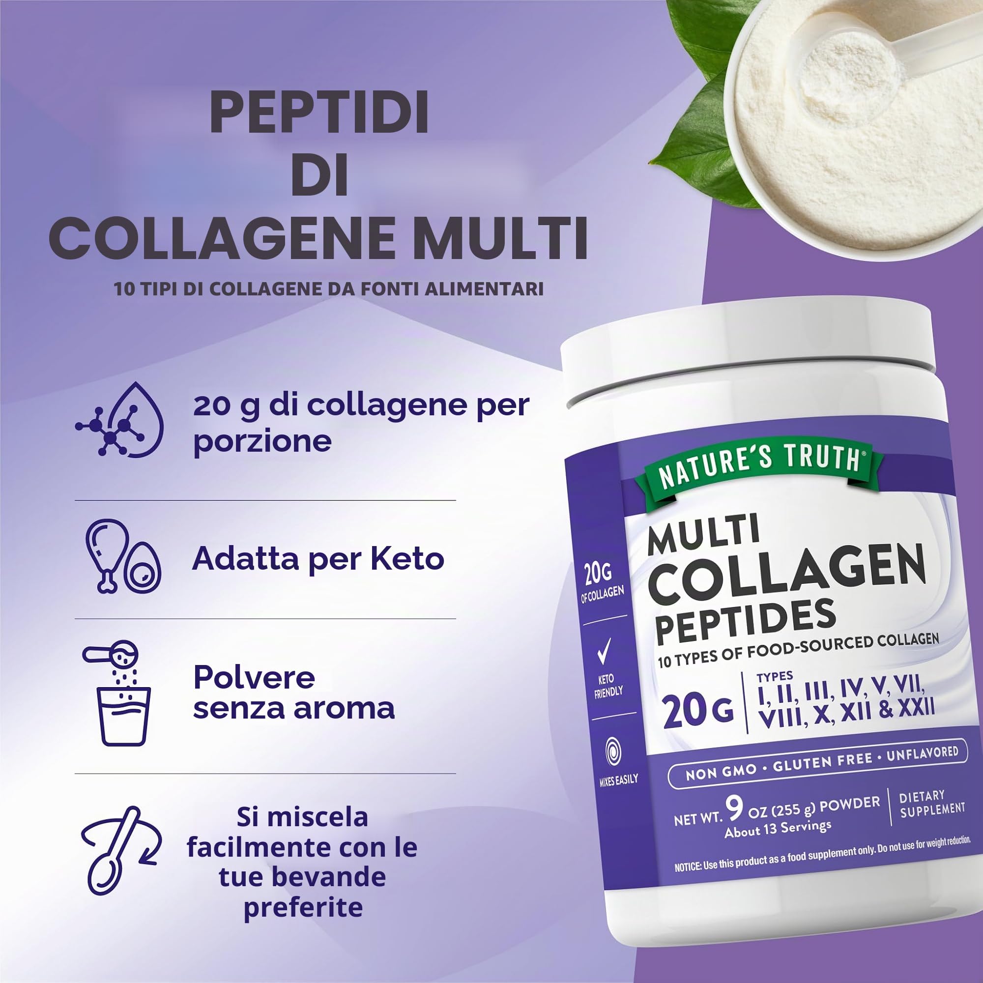 Polvere proteica multi collagene | Tipi I, II, II, V e X | Collagene idrolizzato di bovini, pesci, pollo e guscio d'uovo | Nature's Truth | 10 tipi di collagene | Non aromatizzato | Integratore Keto Friendly, non OGM e senza glutine