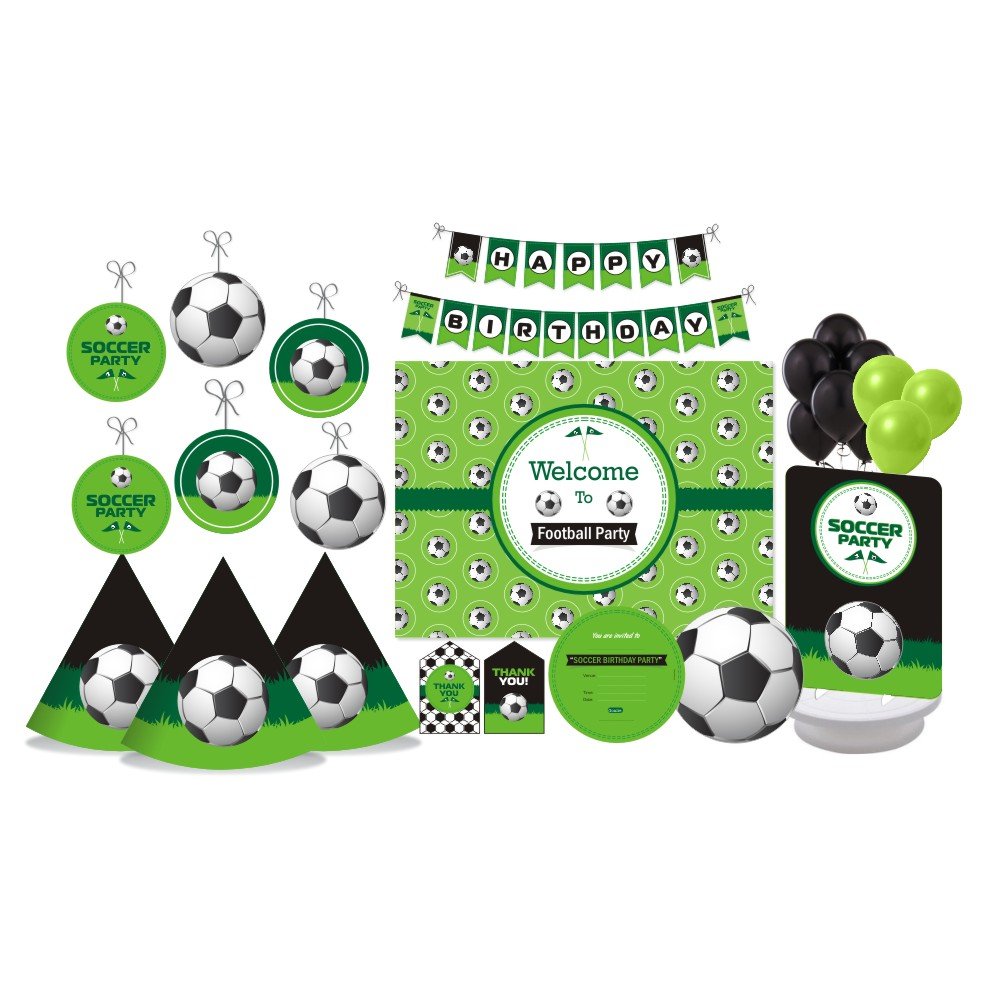PRETTY UR PARTY Football Party Decorations Kit - 80 pcs includes Banner, Balloons, Thank You Tags, Centerpiece, Danglers, Soccer Birthday Banner for Boys Kids,Paper,Green