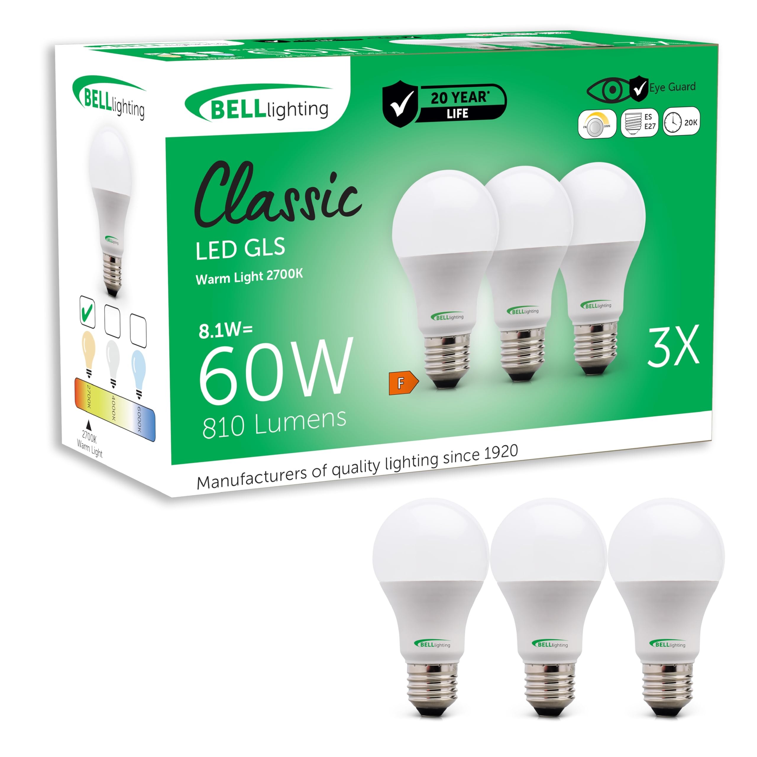 BELL Lighting E27 Dimmable LED Bulbs 3 Pack | 8.1W 810 Lumen Warm White 2700K | Large Edison Screw GLS LED Light Bulb Energy Saving E27 LED Bulb Screw in | 60W Equivalent Opal Dimmable Lightbulbs [Energy Class F]