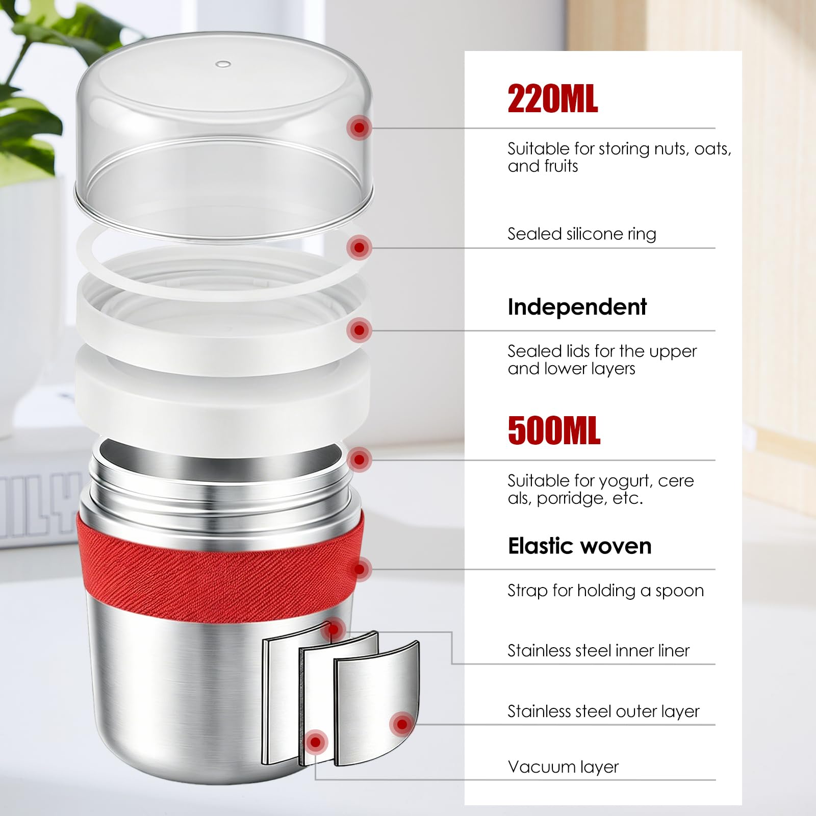 MplehDa Edelstahl Müslibecher to go 500 ml + 220 ml Joghurt und Müsli to go Becher Jogurtbecher für Unterwegs mit Löffel Auslaufsicher Isoliert