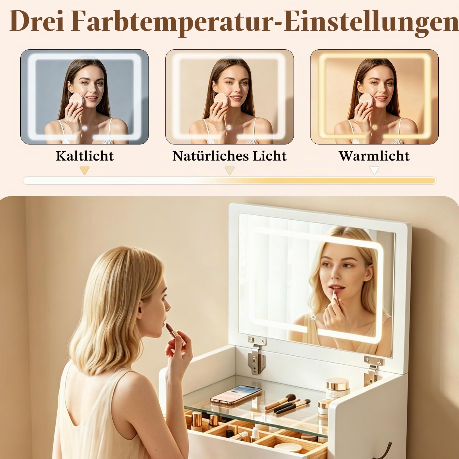 Kleiner Schminktisch mit Beleuchtung, Schminkkommode Schmal mit Klappspiegel, 3 in 1 Frisiertisch mit 3 Farben & Hocker, Kosmetiktisch 2 Schubladen, Sichtbarer Glasplatte für Kleine Räume (Weiß)