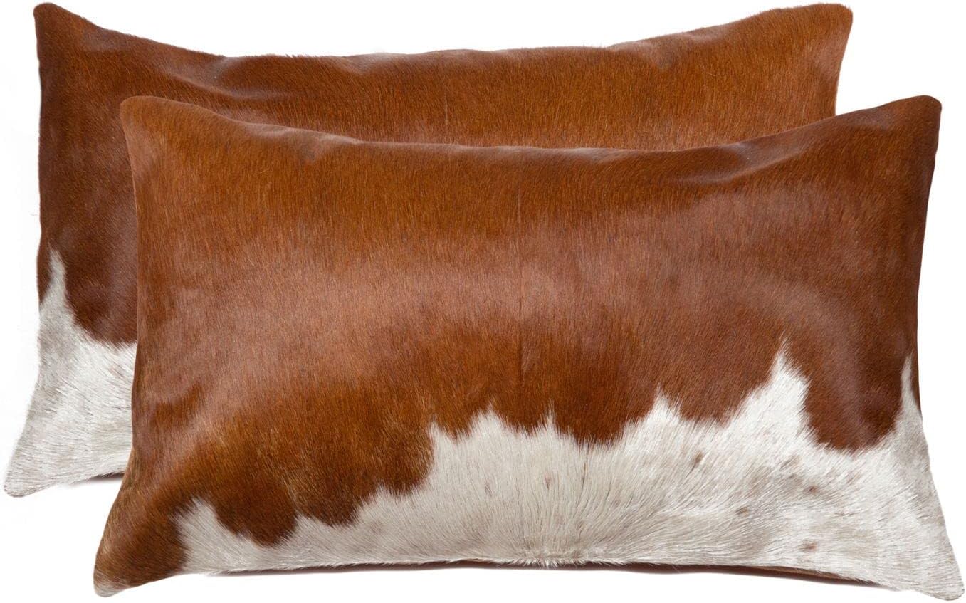 Set of 2, Natural Torino Cowhide Throw Pillows with Poly Insert | Kobe Accent Pillows Handcrafted from 100% Cow Hide, Brown & White, 12 in x 20 in