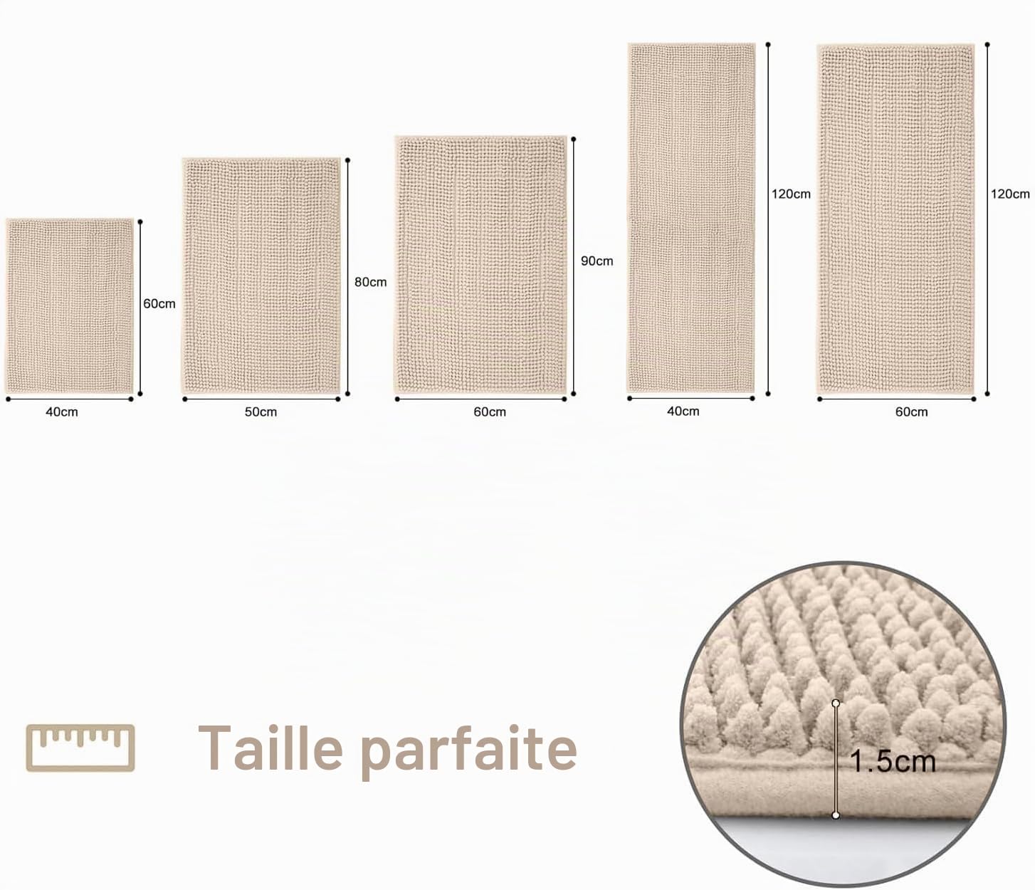 Homaxy Tapis de bain en chenille, antidérapant, doux, absorbant, pour la salle de bain, 40 x 60 cm, couleur: beige