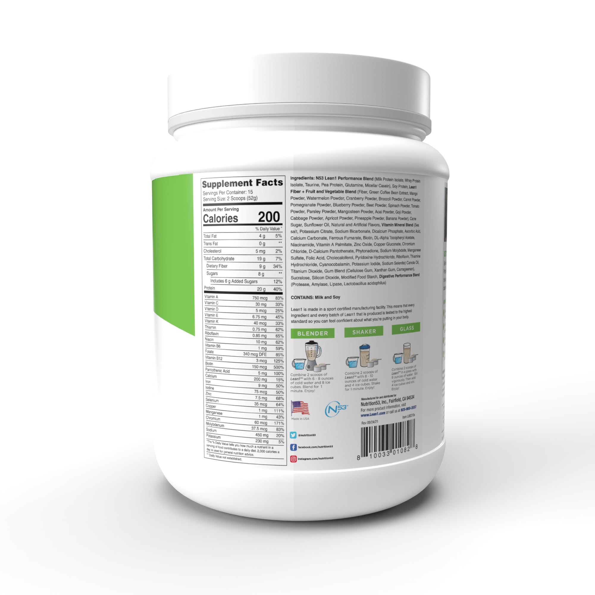 Nutrition 53 Lean 1 Fat Burning Protein Shake, Vanilla Flavor, 15 Serving Tub — Amazon image 3